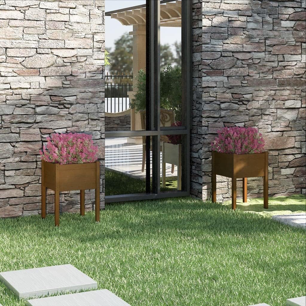 Set of 2 Solid Pinewood Planters Boxes in Honey Brown 19.7x19.7x27.6 Inch for Garden Balcony Terrace Greenery Storage