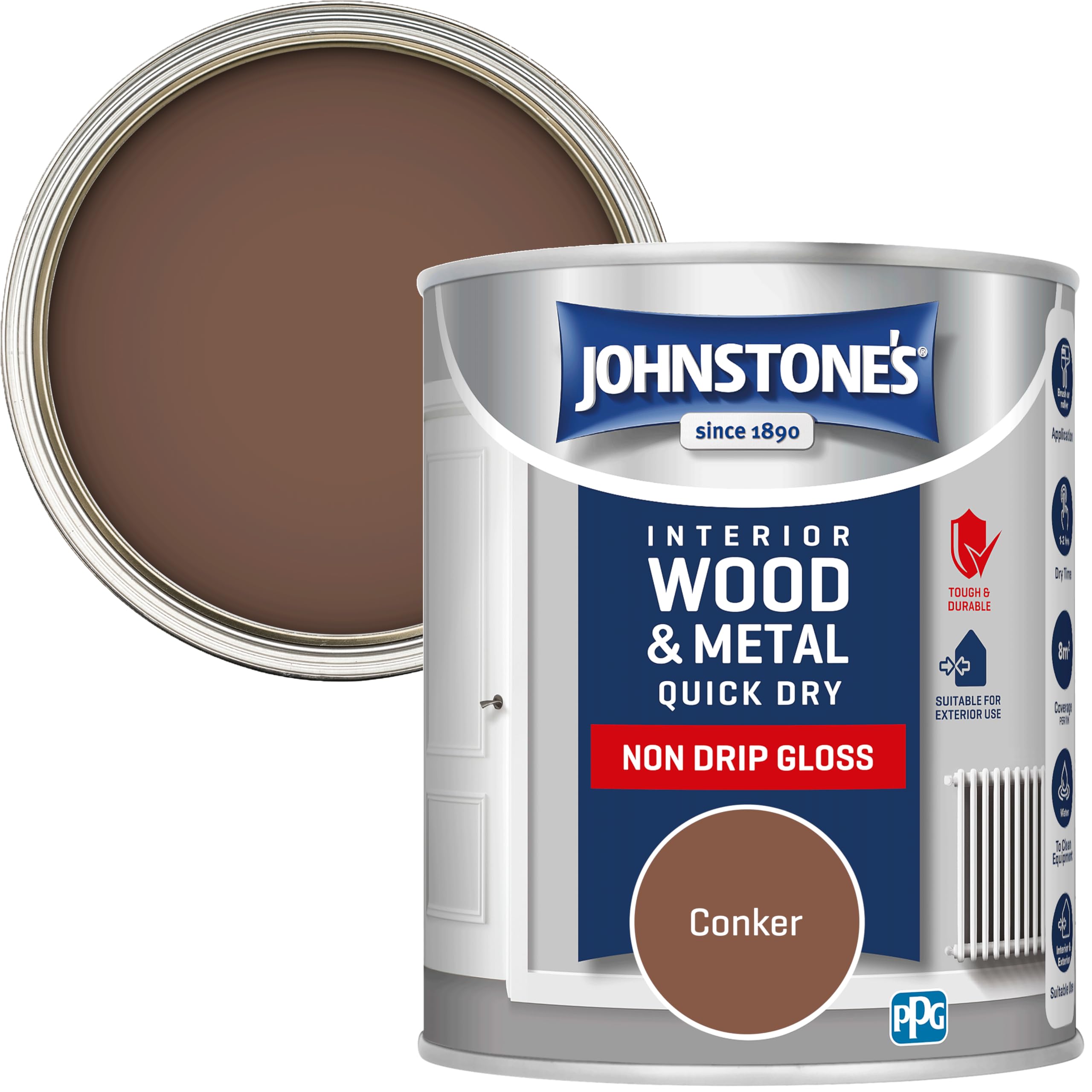 Johnstone’s - Quick Dry & Non Drip Gloss Paint for Wood & Metal - Conker | Interior & Exterior | Low Odour, Water-Based Formula, Dry in 1-2 Hours | 10m2 Coverage per Litre | 750ml