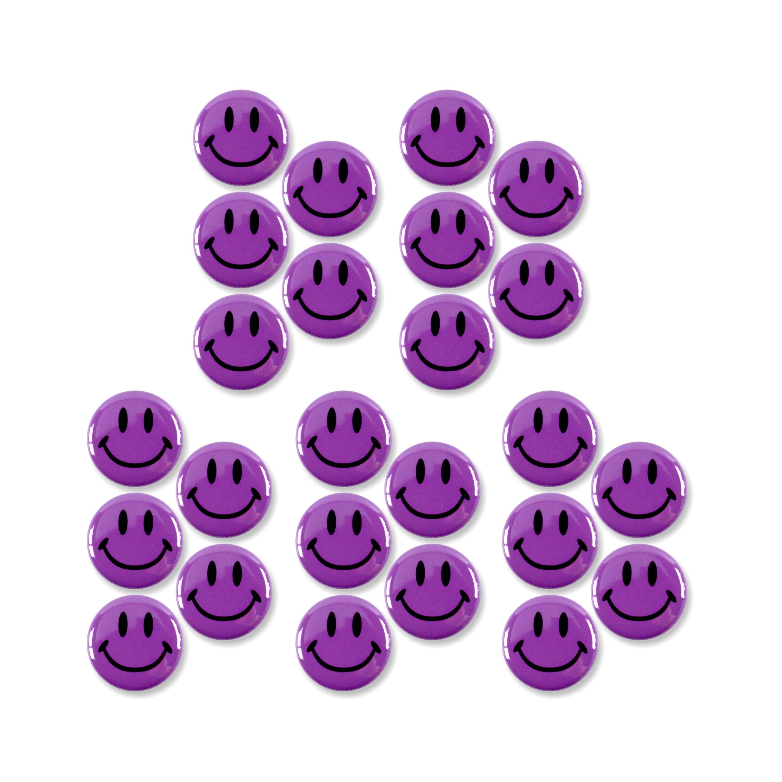 Smiley Face Pinback Buttons - 2.25 Inch – Classic Round Badge, Durable Metal with Secure Pinback, Ideal for Backpacks and Clothing – Emoji Novelty Pins for Parties, Giveaways and Everyday Wear (5, Purple)