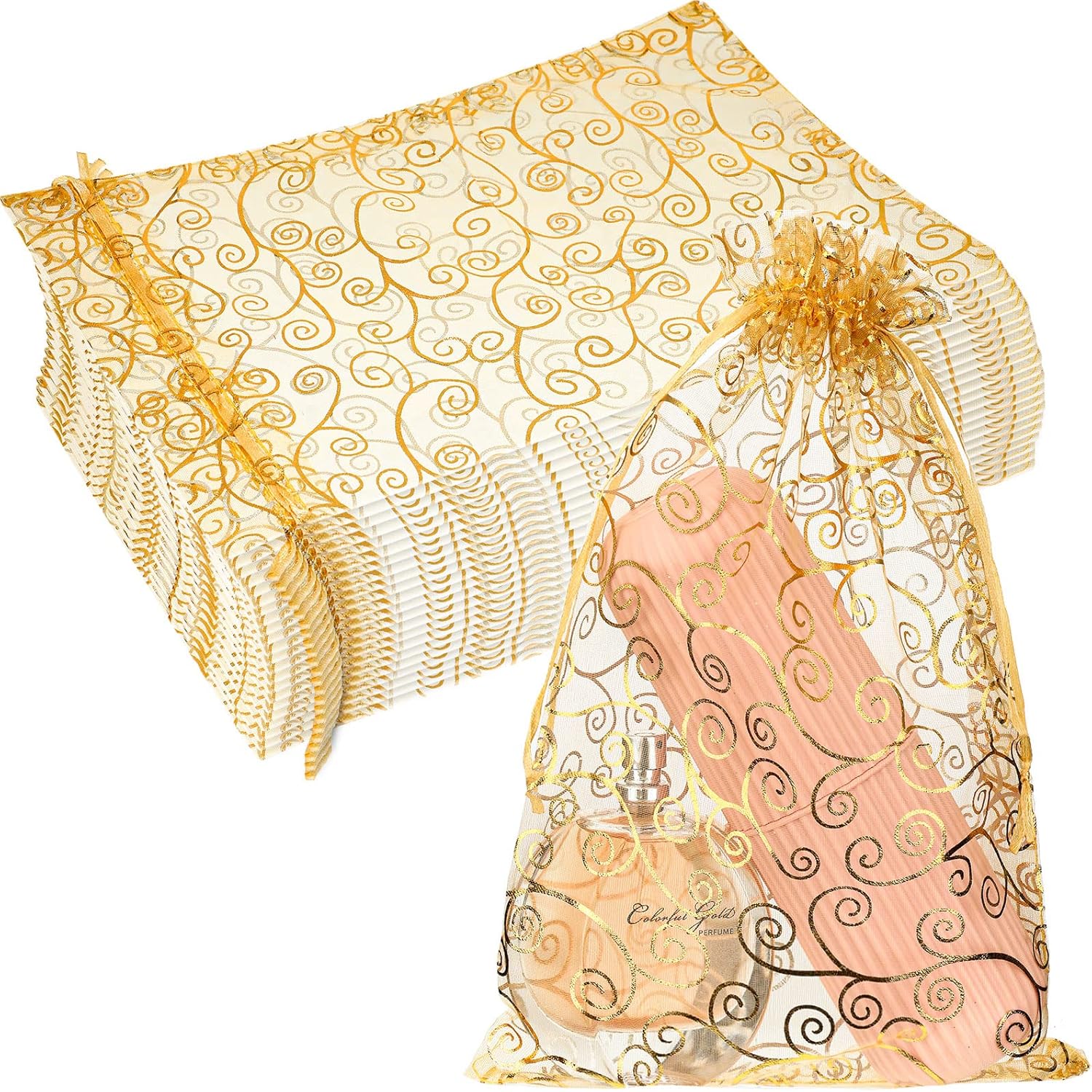 Kigeli 100 Pcs 8 x 12 Inch Large Organza Gift Bags Wedding Party Favor Candy Toys Makeup Pouches Gift Drawstring Jewelry Bag for Wedding Baby Shower Christmas Party Favors (Gold,Vine)