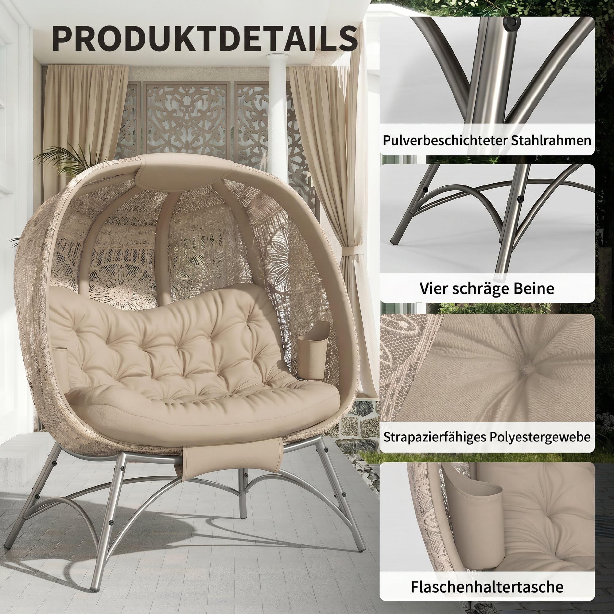 Outsunny 2-osobowy fotel papasan ogrodowy, 126x90x142 cm, piaskowy | Fotel wiklinowy ze składanym koszem, z poduszką, fotel wypoczynkowy do 240 kg, na balkon, taras
