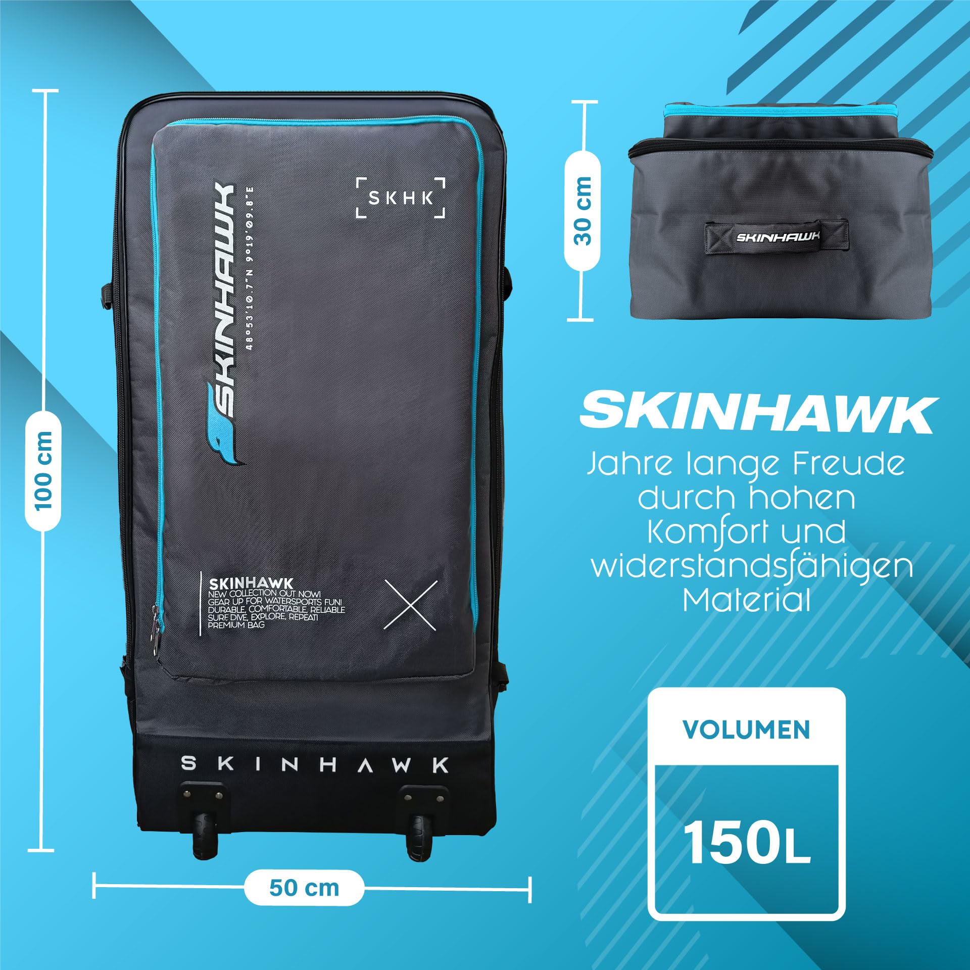 Skinhawk SUP Board Borsa, zaino robusto con ruote, tessuto 1680D antistrappo, cinghie regolabili con cerniera stabile