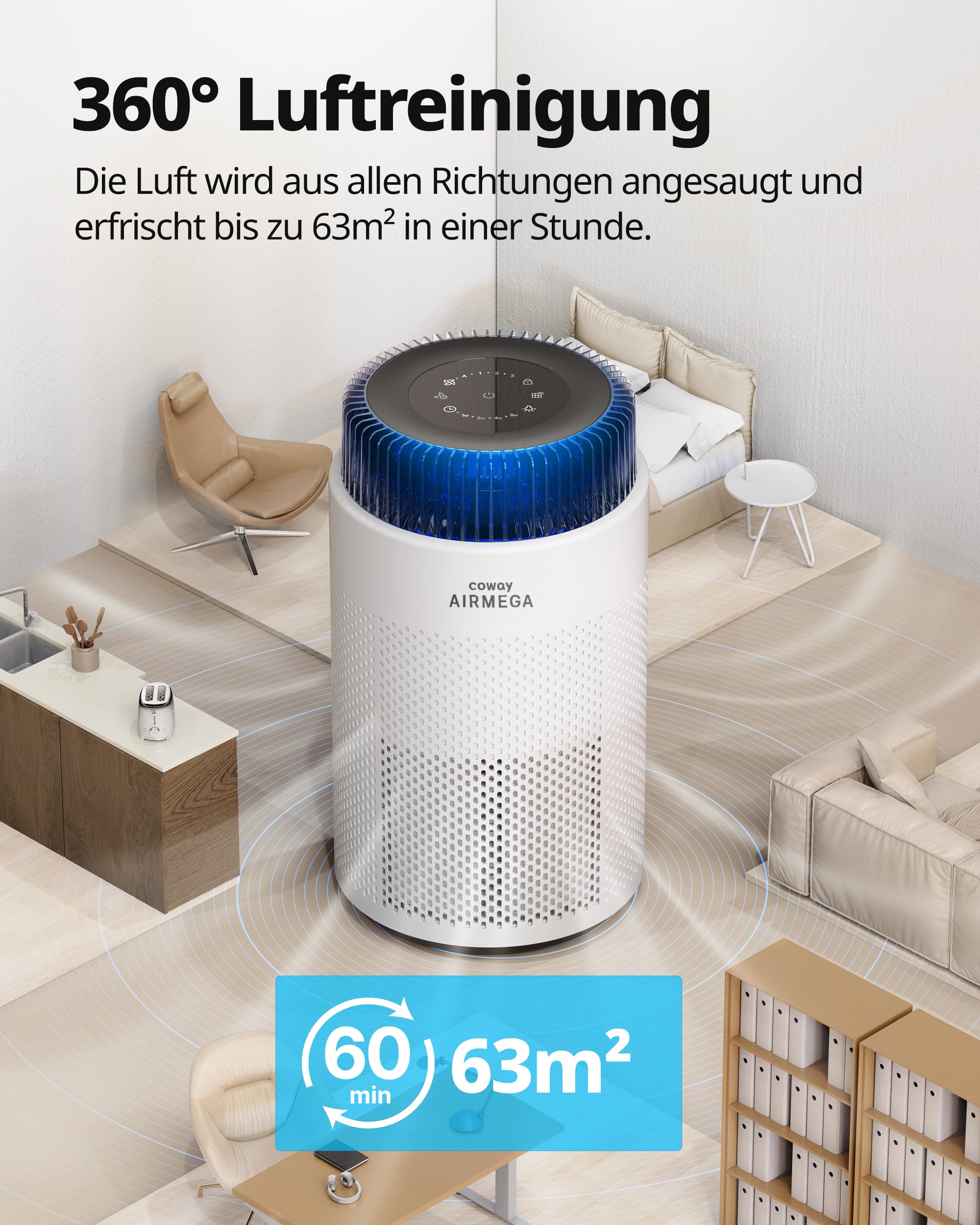 COWAY Luftreiniger Allergiker – Superleise, mit Schlafmodus & Stimmungslicht, entfernt 99,999 % Partikel bis 0,01 µm, mit ECARF-Siegel, gegen Pollen, Staub & Tierhaare, CADR 244 m³/h, AIRMEGA 100