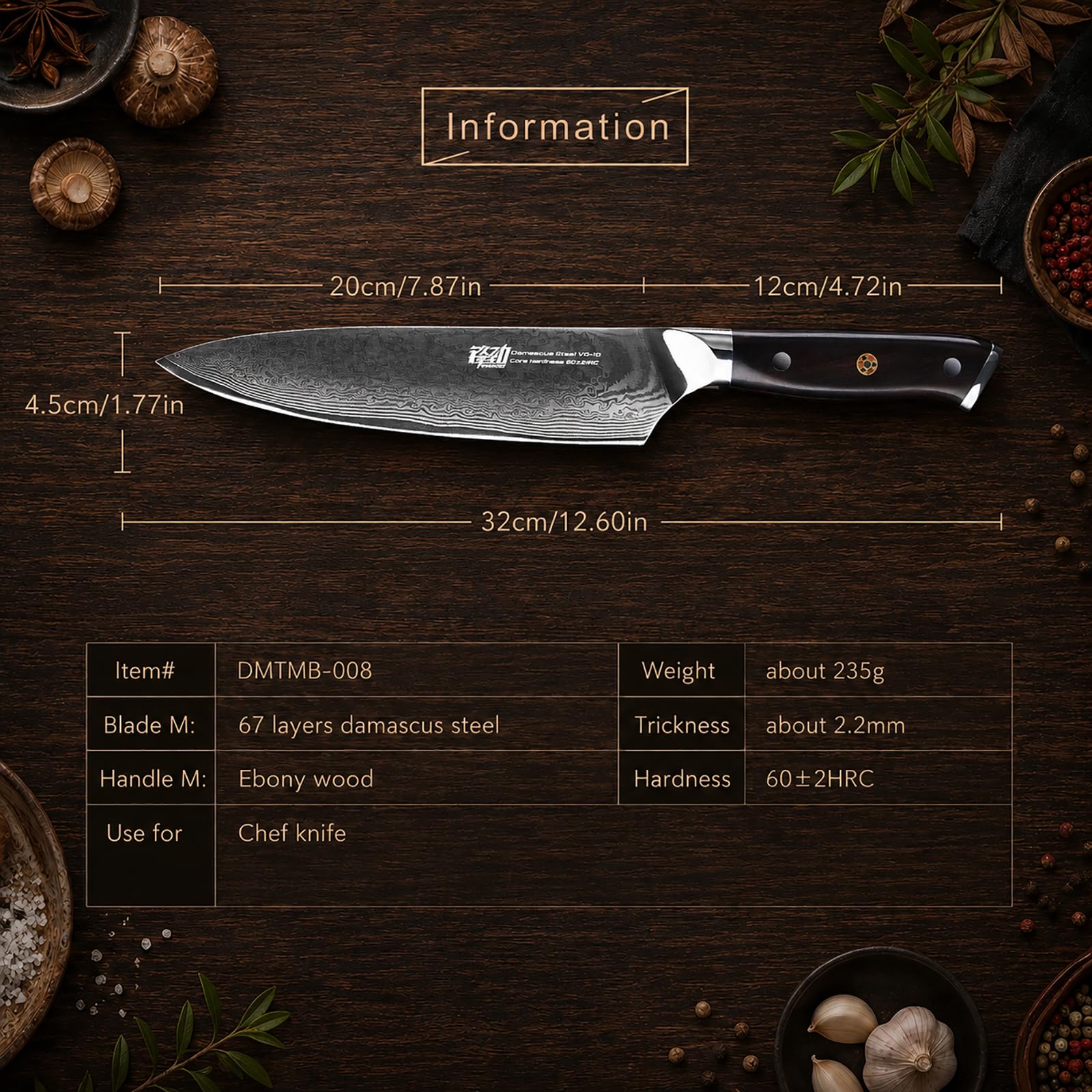 FINDKING Cuchillo Chef Damasco 20 cm, Mango Ébano, Profesional Premium