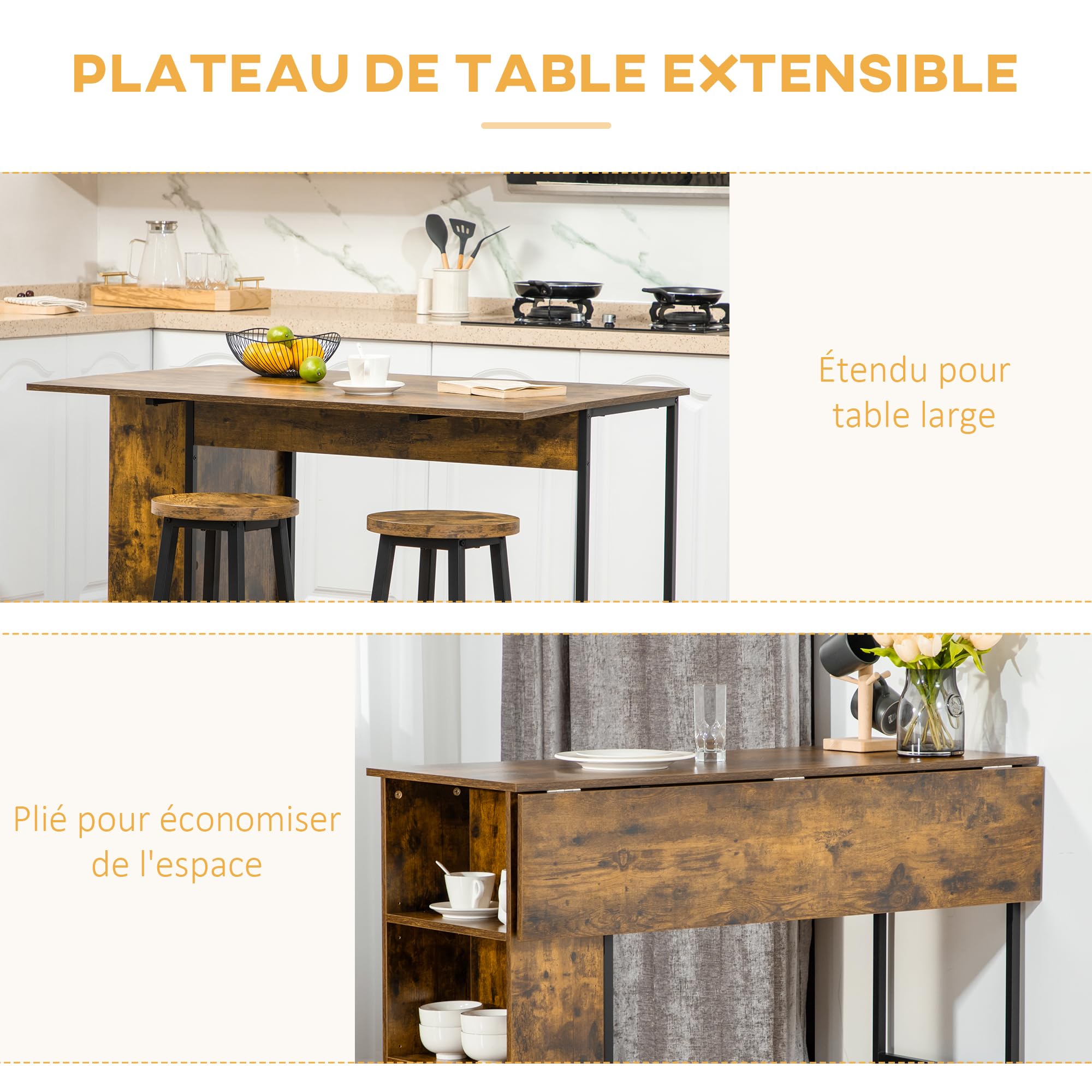 HOMCOM Table de Bar avec Rangement Table Bistrot Ilot Central Plateau latéral Rabattable et 3 étagères - 120 x 76 x 91,4 cm Brun Rustique