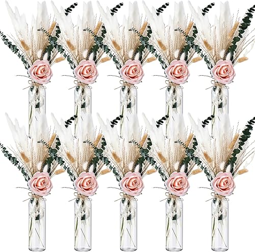 Qinyoung Juego de 10 centros de mesa de hierba seca de las pampas para bodas, baby shower, fiesta, 10 tarros de flores de cristal, 10 rosas