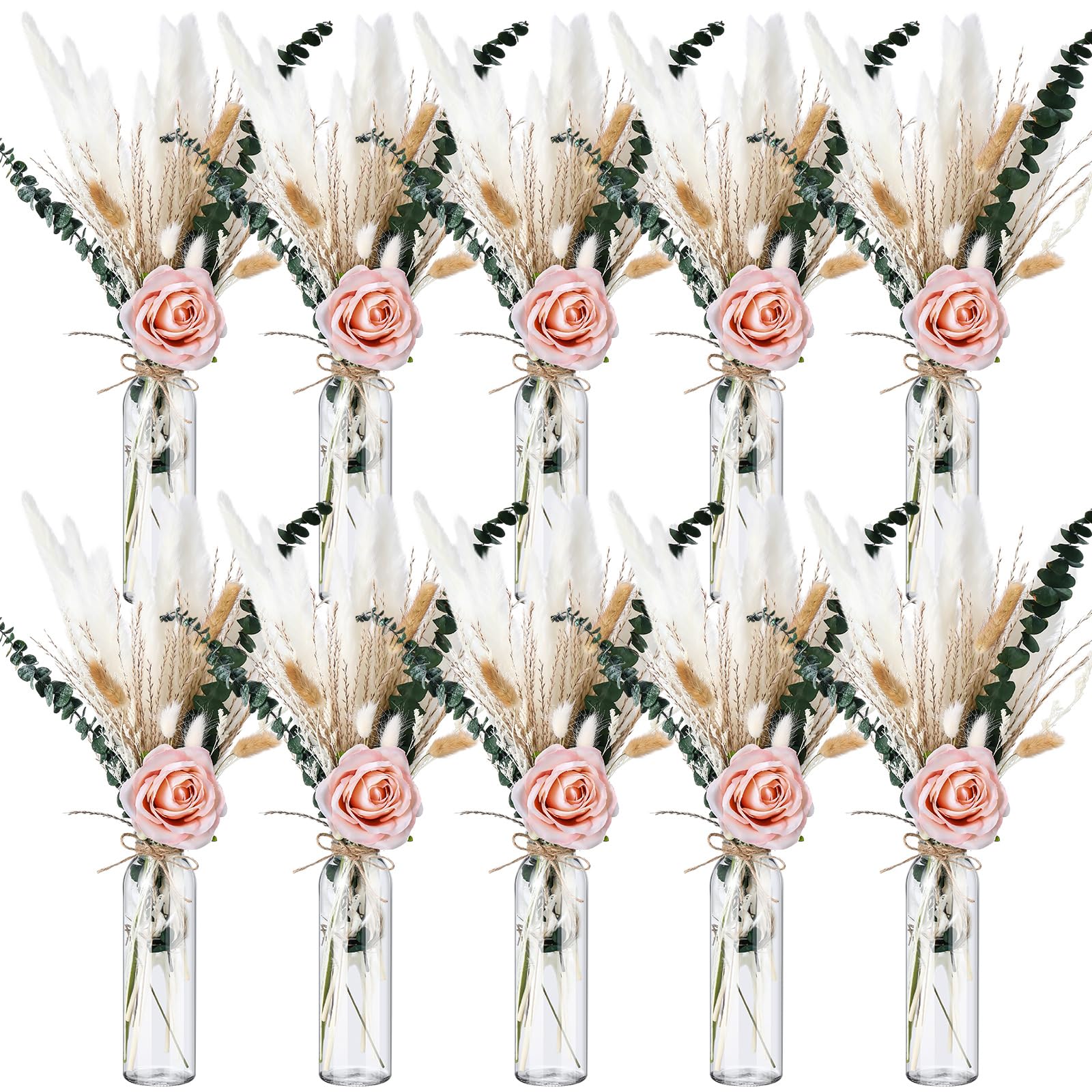 10 Set Dried Pampas Grass Centerpiece for Wedding 10 Clear Glass Jars 10 Artificial Roses 80 Dried Pampas Grass with Rope for Baby Shower Rustic Bridal Party Farmhouse Decoration(Pink)