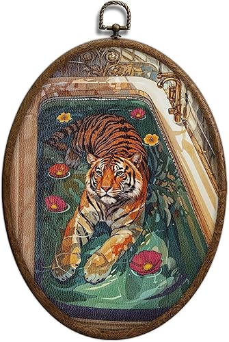 Arte de pared ovalado de tigre en la bañera, divertido arte de pared ovalado de animales de baño, ecléctico, moderno, estético, impermeable, núcleo