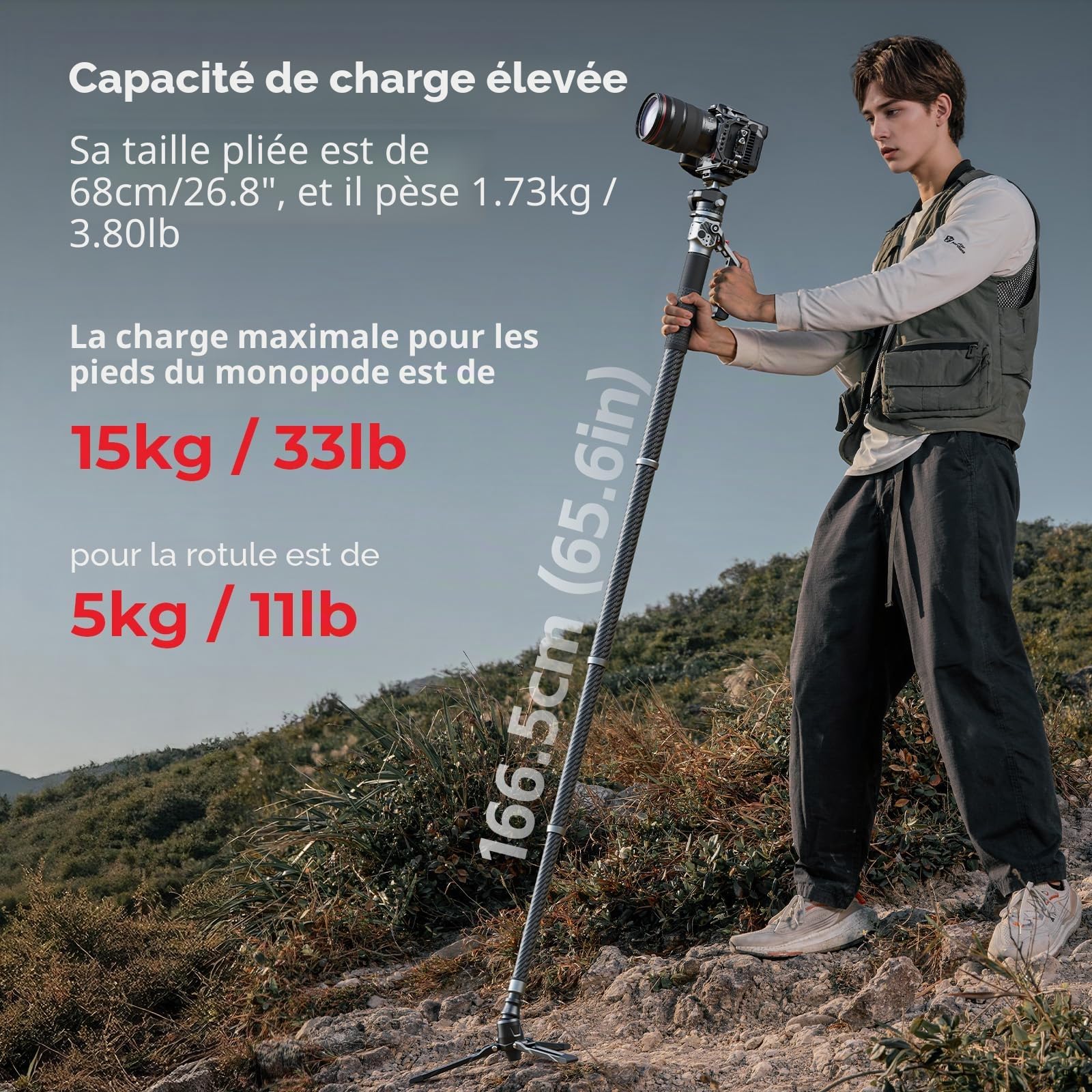 SMALLRIG Monopode en Fibre de Carbone 166,5 cm, Compact 68 cm, 1,72 kg, Réglage Hauteur 1 Touche, Rotule 5 kg - 5564