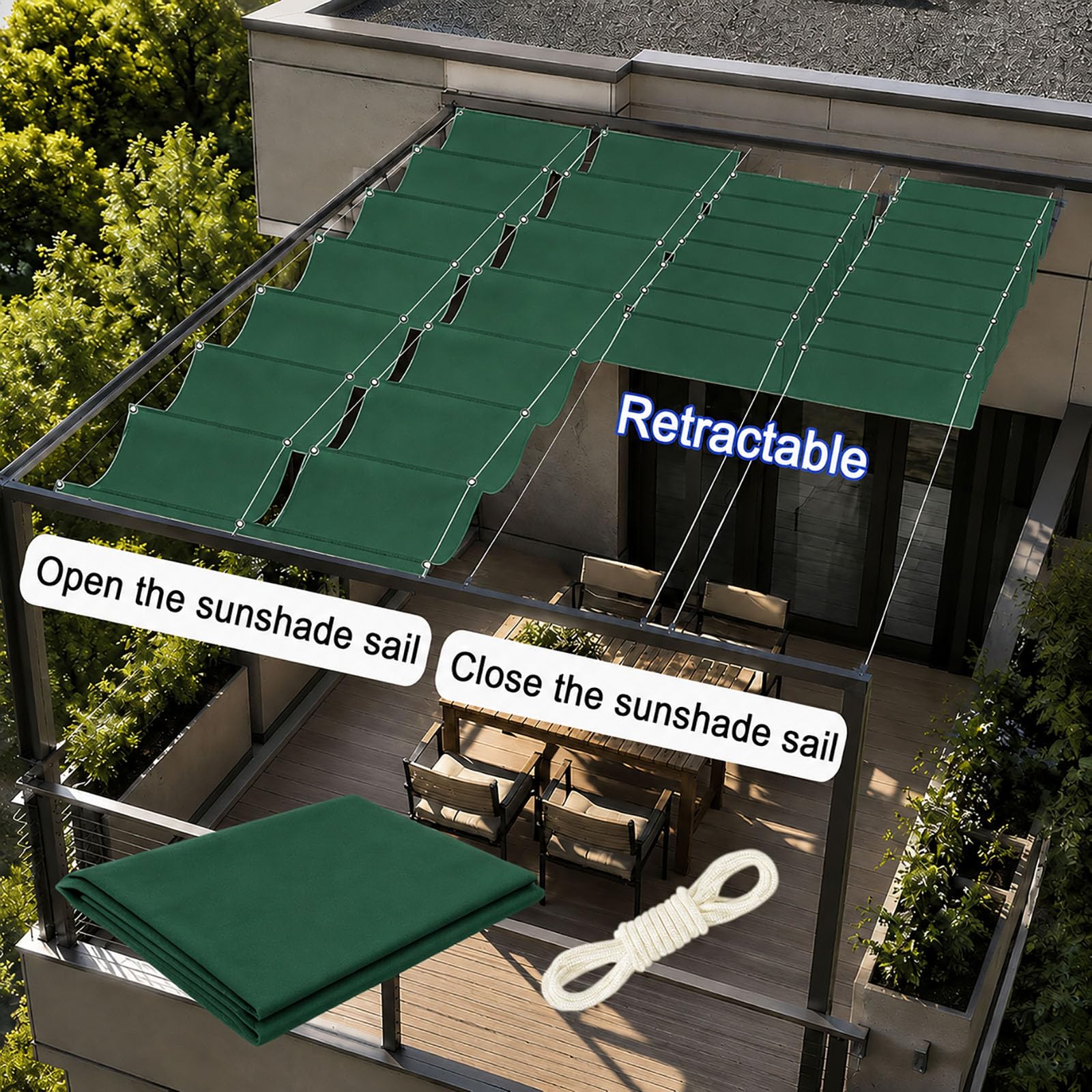 Toldo Vela de Sombra Retráctil 100 x 1150 cm Protección UV 98% Resistente Al Clima y Desgarro Resistente a Desgarros Impermeable Toldo Vela de Sombra para Terraza Jardín, Verde