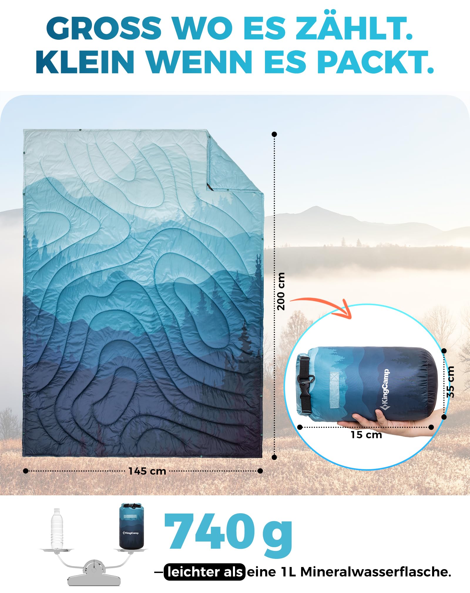 KingCamp Reisedecke Ultraleicht, Decke Wasserabweisend Kompakt,Outdoor Campingdecke Warme,kleines packmaß für Camping Büro Outdoor, (Frosttal,200x145cm)