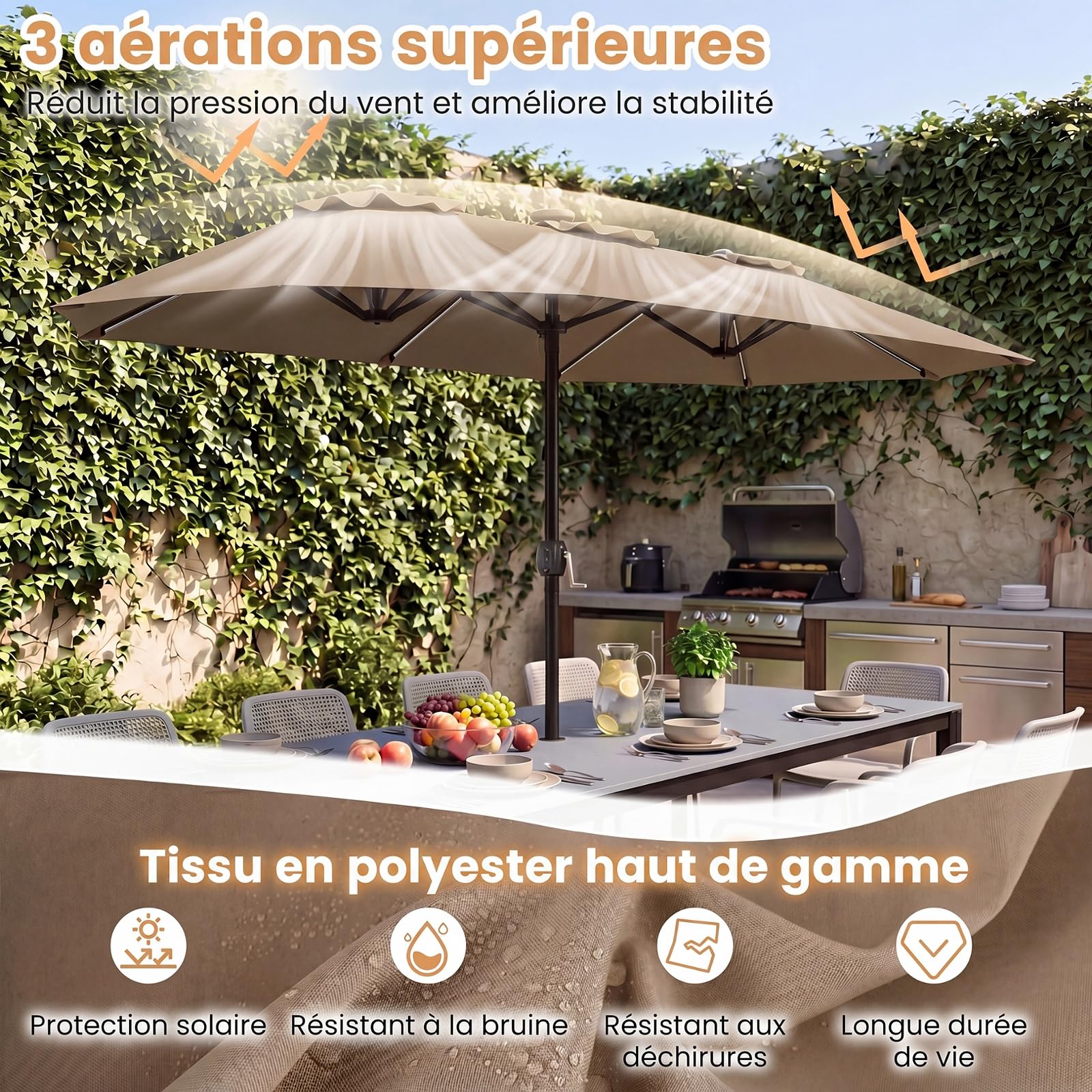 COSTWAY Parasol de Jardin Double 400 x 210 cm, Grand Parasol Rectangulaire avec LED, Manivelle Pratique, Structure à 12 Baleines, Protection Solaire pour Terrasse, Balcon, Camping (Marron)
