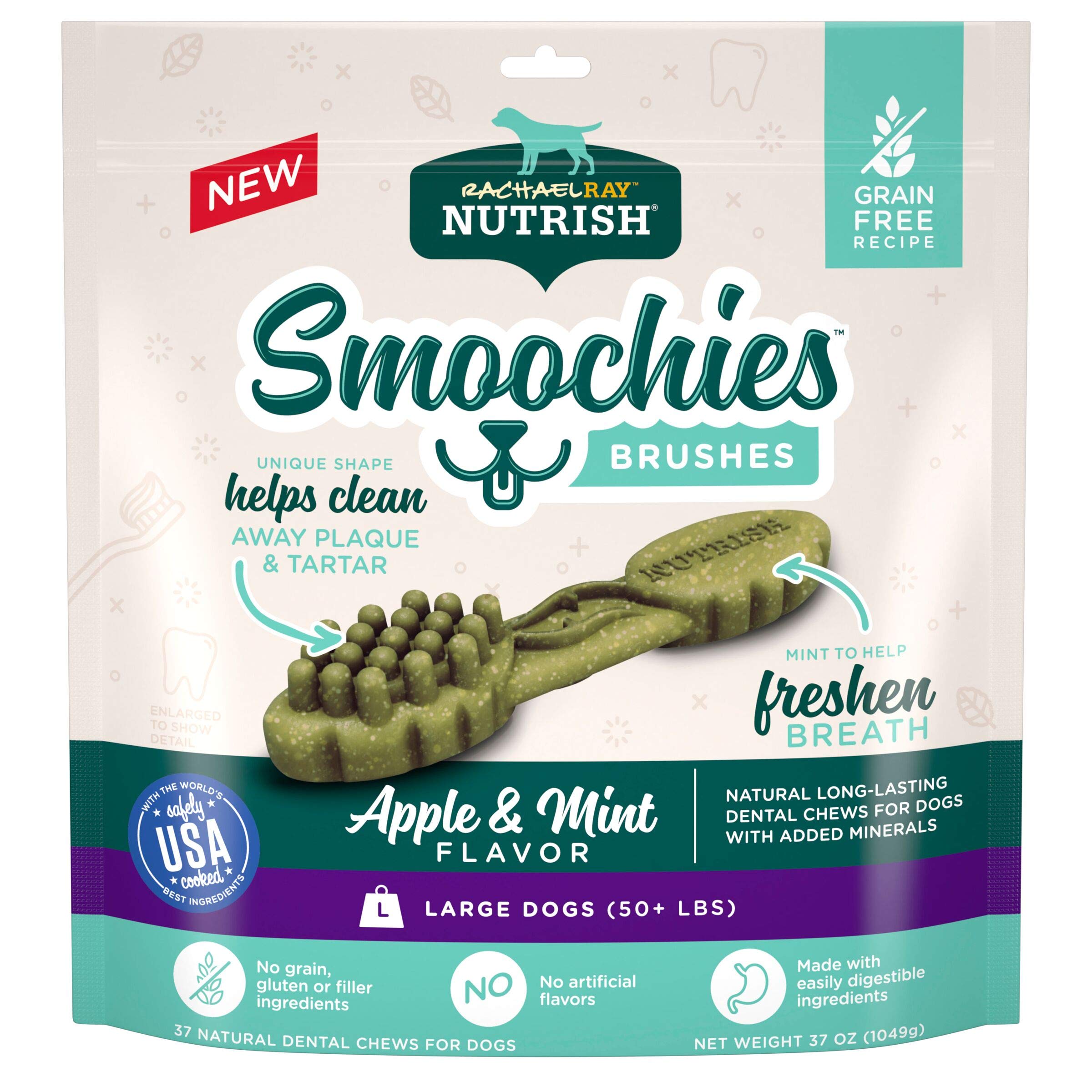 Rachael Ray NutrishSmoochies Brushes Natural Long Lasting Dog Dental Chews, Apple & Mint, Large Size, 37 Treats, Grain Free