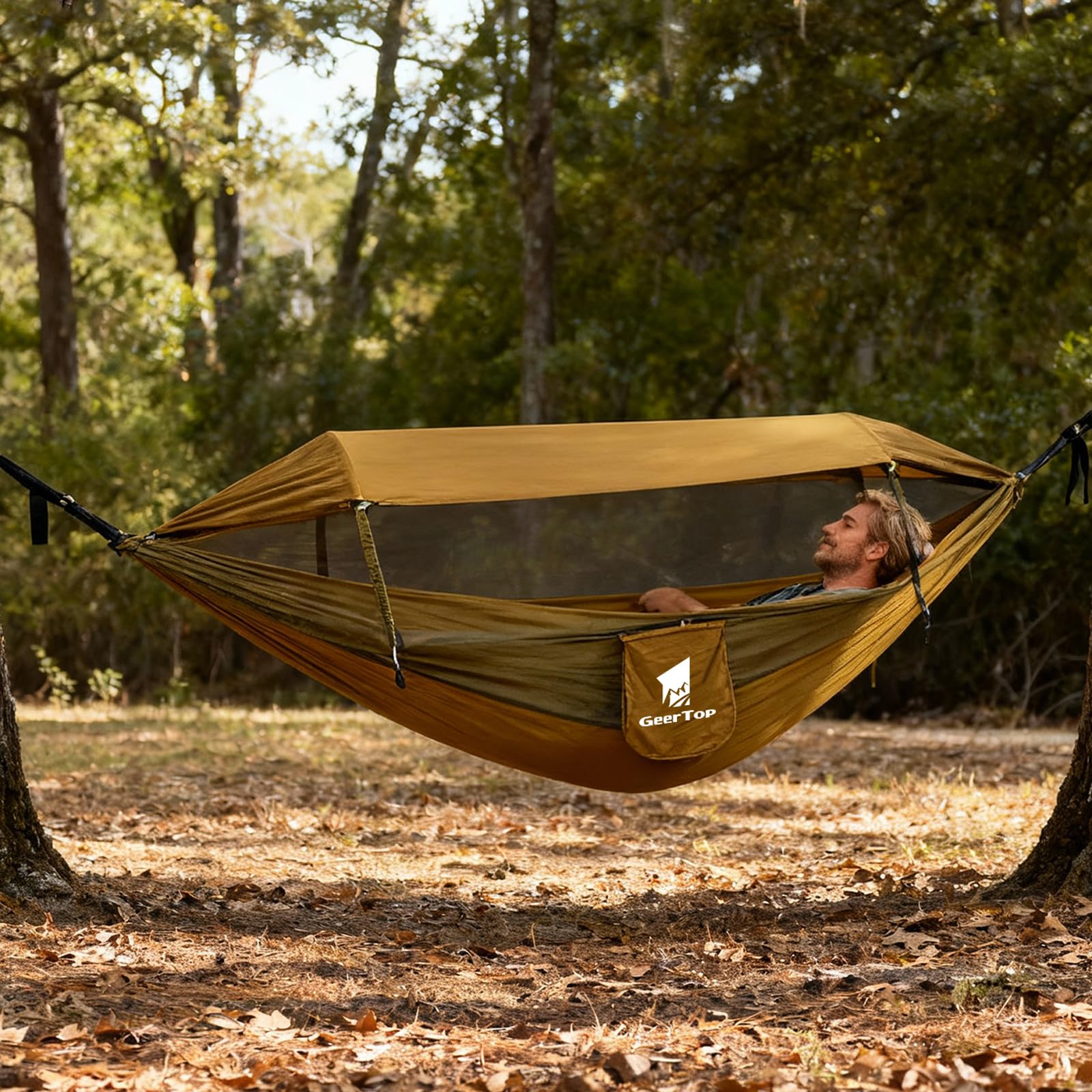 GEERTOP Hamac d'extérieur 3 en 1 avec bâche de Protection Solaire, imperméable et Durable en Nylon avec Filet Anti-moustiques, Double Couchage, équipement de Camping pour randonnée