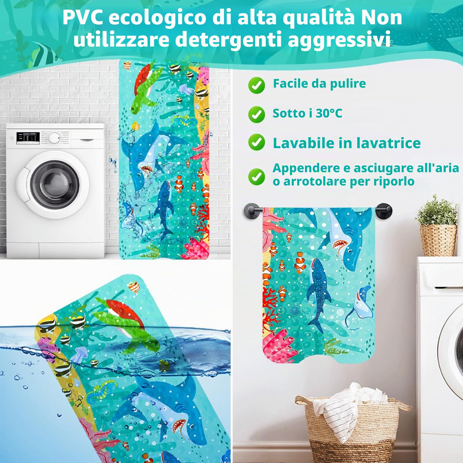 ZLPBAO Tappeto Antiscivolo Doccia, Tappeto per Doccia Bambini con 203 Ventose 100x40cm Tappeto Vasca Antiscivolo da Bagno e Doccia, Modello Animale Marino, Senza BPA