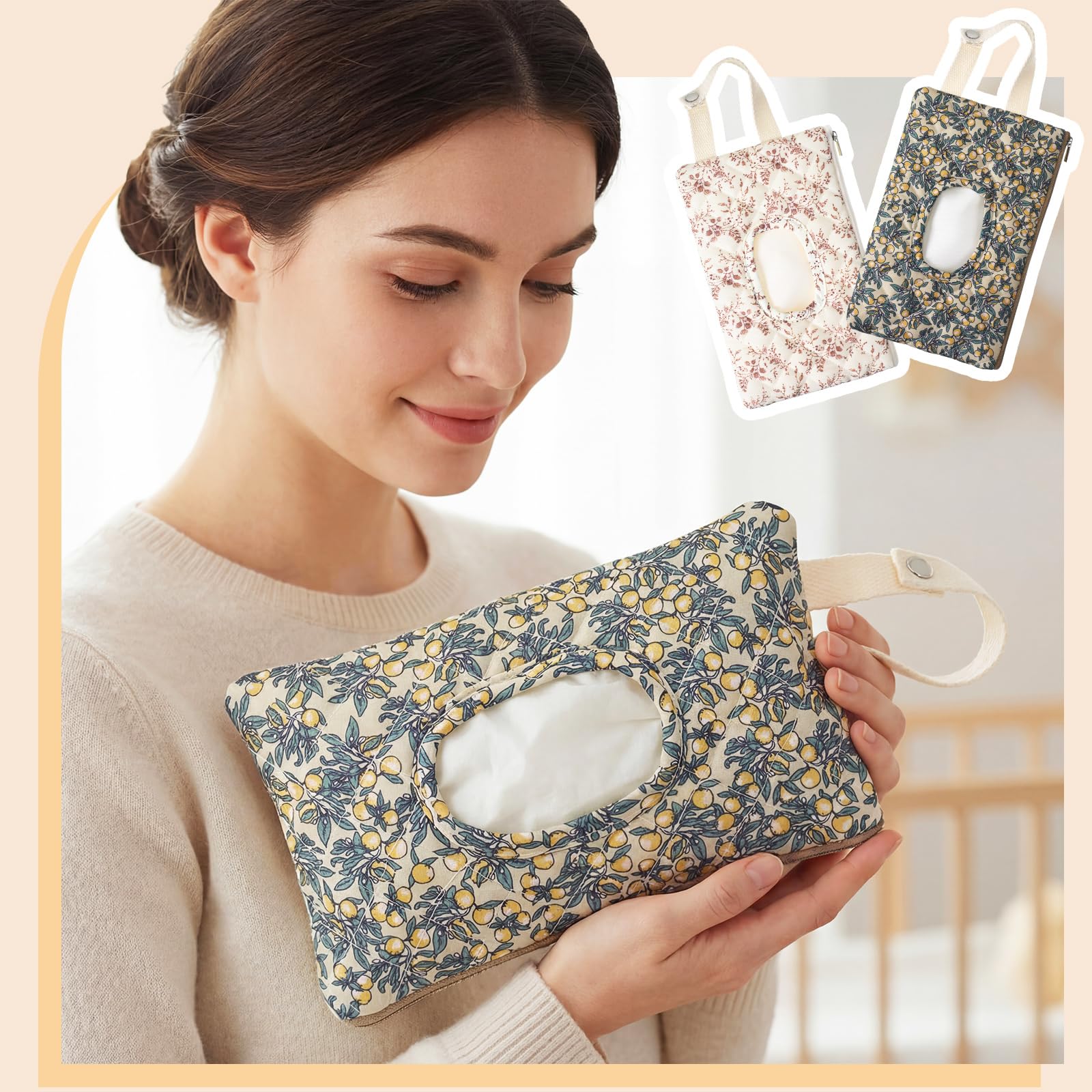 Cosblank 2 Pcs Quilted Diaper and Wipes Pouch Portable Hanging Floral Wet Wipe Bag Diaper Bag Reusable Wipes Pouch for for Stroller Car Travel Infant Diapering Organizer (Mixed Floral) - 4