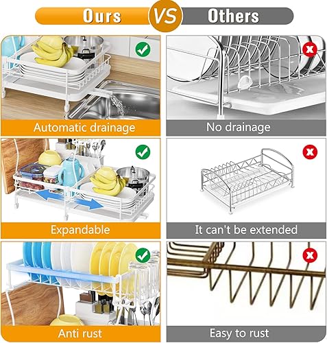 Miniatura 2 de YKLSLH Escurridor de platos expandible estante de secado grande de 2 niveles para encimera de cocina con escurridor soporte de vidrio soporte para