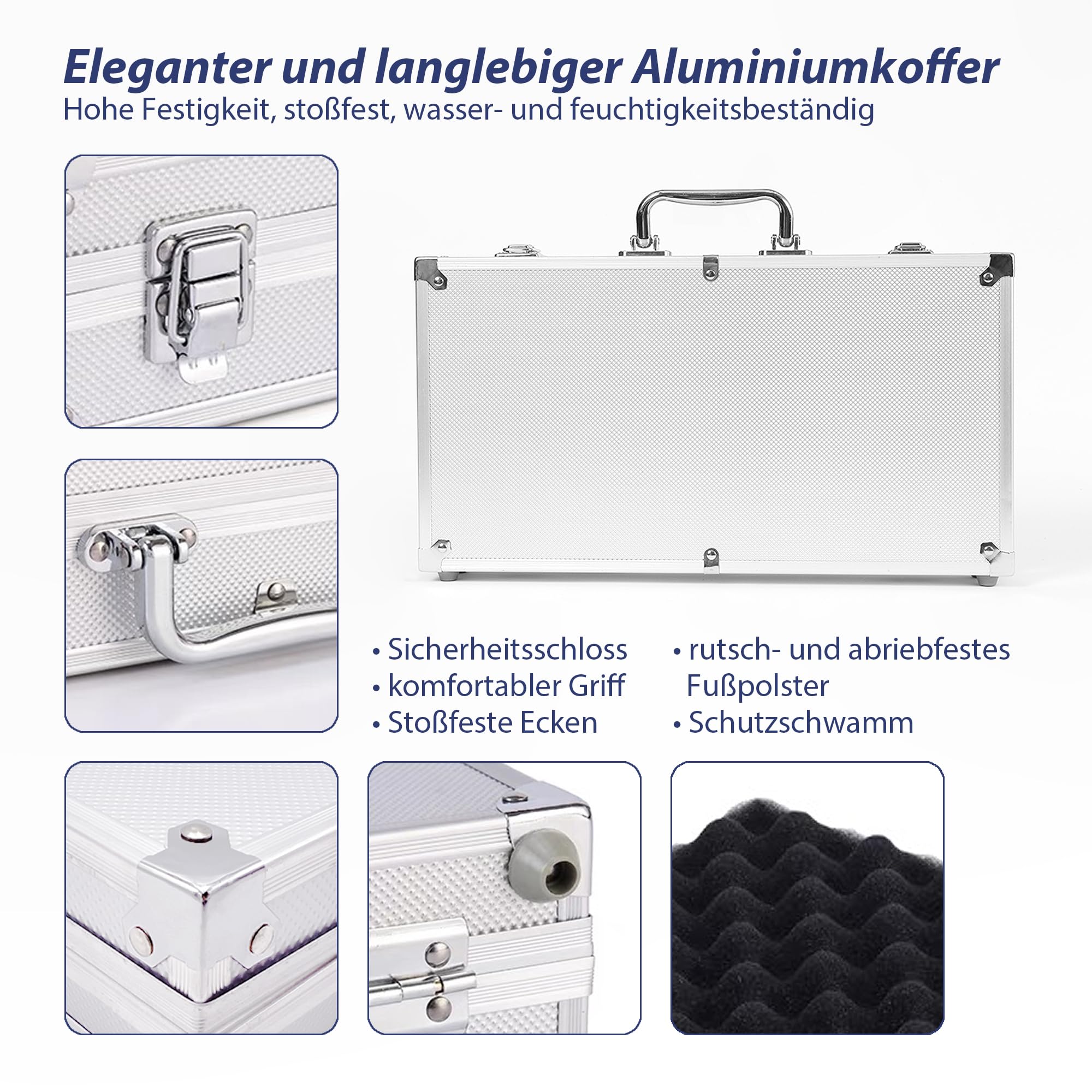 Pokerset inkl. 2X Pokerdecks, 5X Würfel, Dealer/Small Blind/Big Blind Button, Pokerspiel Alu Pokerkoffer mit 300 Chips Laser Pokerchips Set, Kartenspiele Aluminium Kasino Silber
