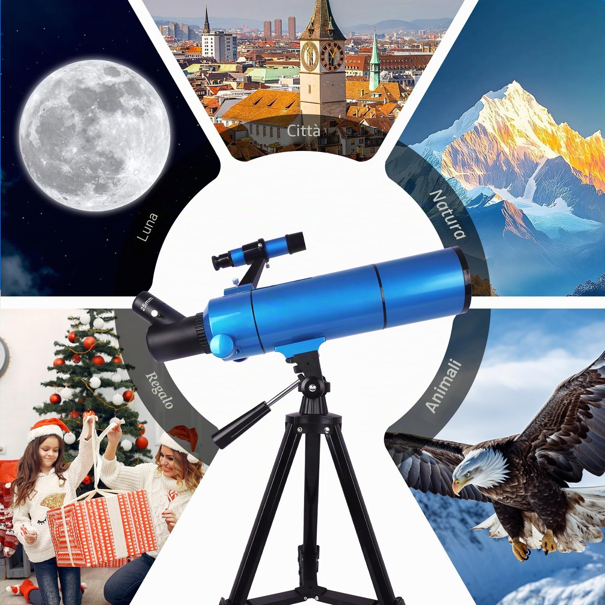 Telescopio per adulti e bambini - 80500 rifrattore telescopio per principianti, portatile con zaino, supporto per cellulare - versione blu elettrico