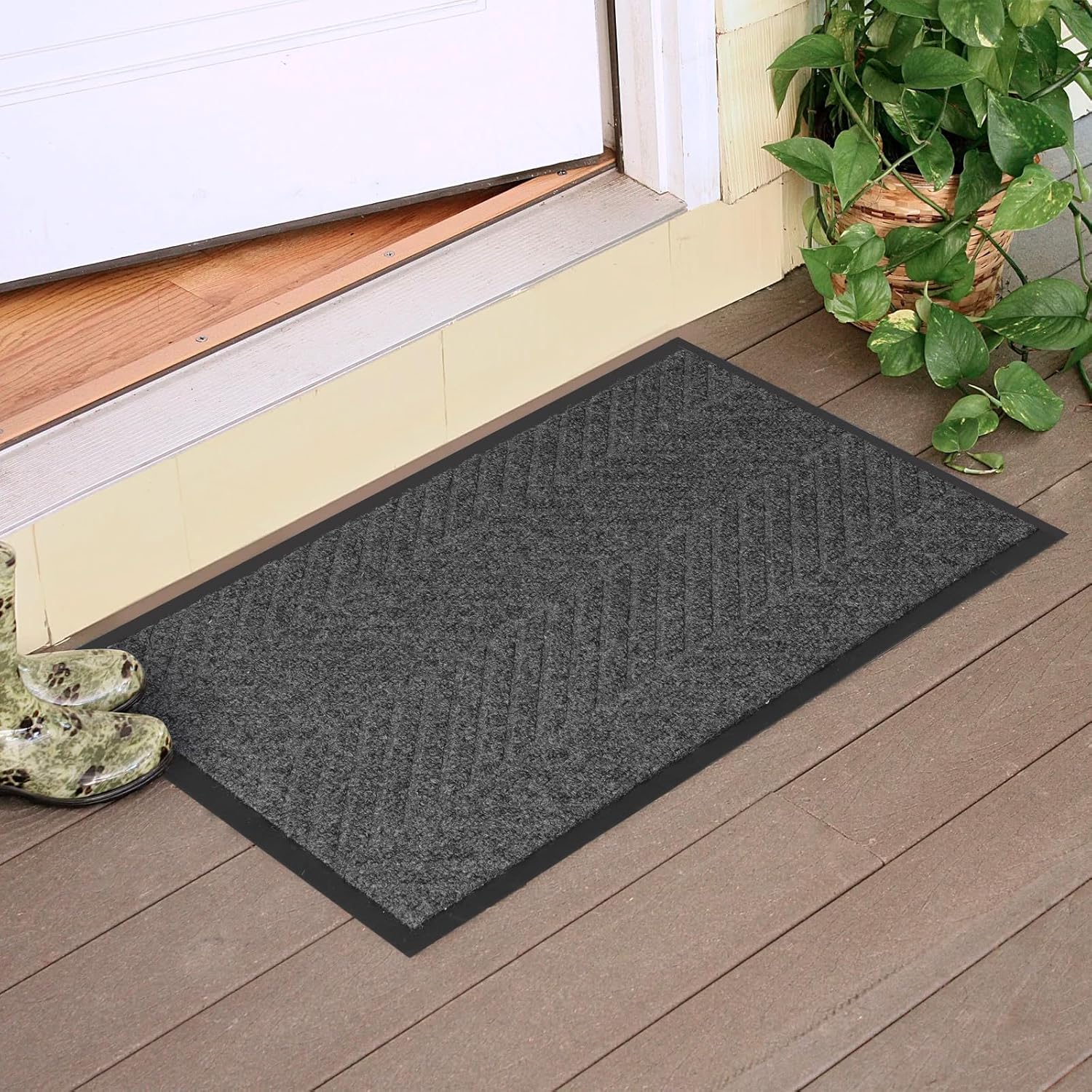 3? x 5? Heavy Duty Front Door Mat Indoor Outdoor Entrance, Easy Clean Non-Slip All Weather Commercial Floor Mat for Entryway, No Curling Waterproof Vinyl Welcome Mat (36" x 60", Charcoal Grey) Charcoal Grey 3' x 5' (Rectangular)