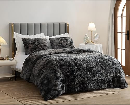 Miniatura 5 de SHALALA - Edredón de piel sintética tamaño King, juego de edredón ultrasuave de teñido anudado para cama King, colcha mullida y cálida de 3 piezas
