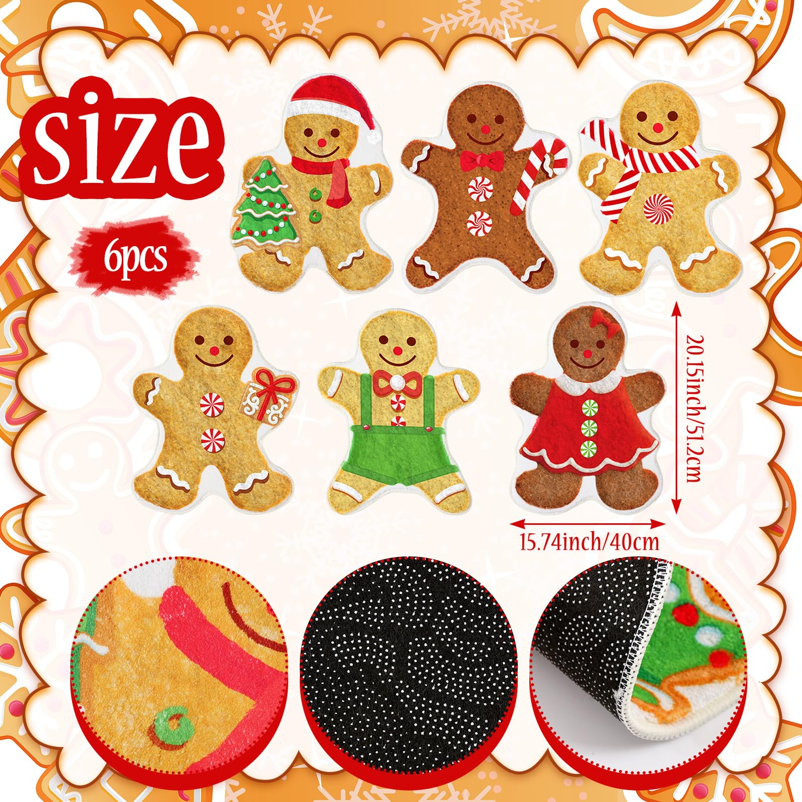 Mindsoft 6pcs Christmas Gingerbread Man Kitchen & Bathroom Mats - Nonslip Absorbent Decorative Welcome Mats for Indoor Use