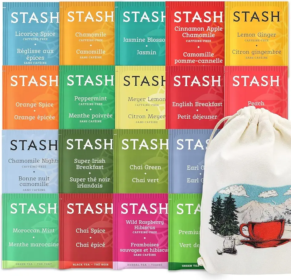 Stash Tea Sampler Variety Pack – 40 Count Assorted Tea Bags in Handmade Cotton Pouch | 18 Flavors Black Green Herbal Fruit Tea for Tea Lovers, Mom, Dad, Wife, Husband, Family, Friends