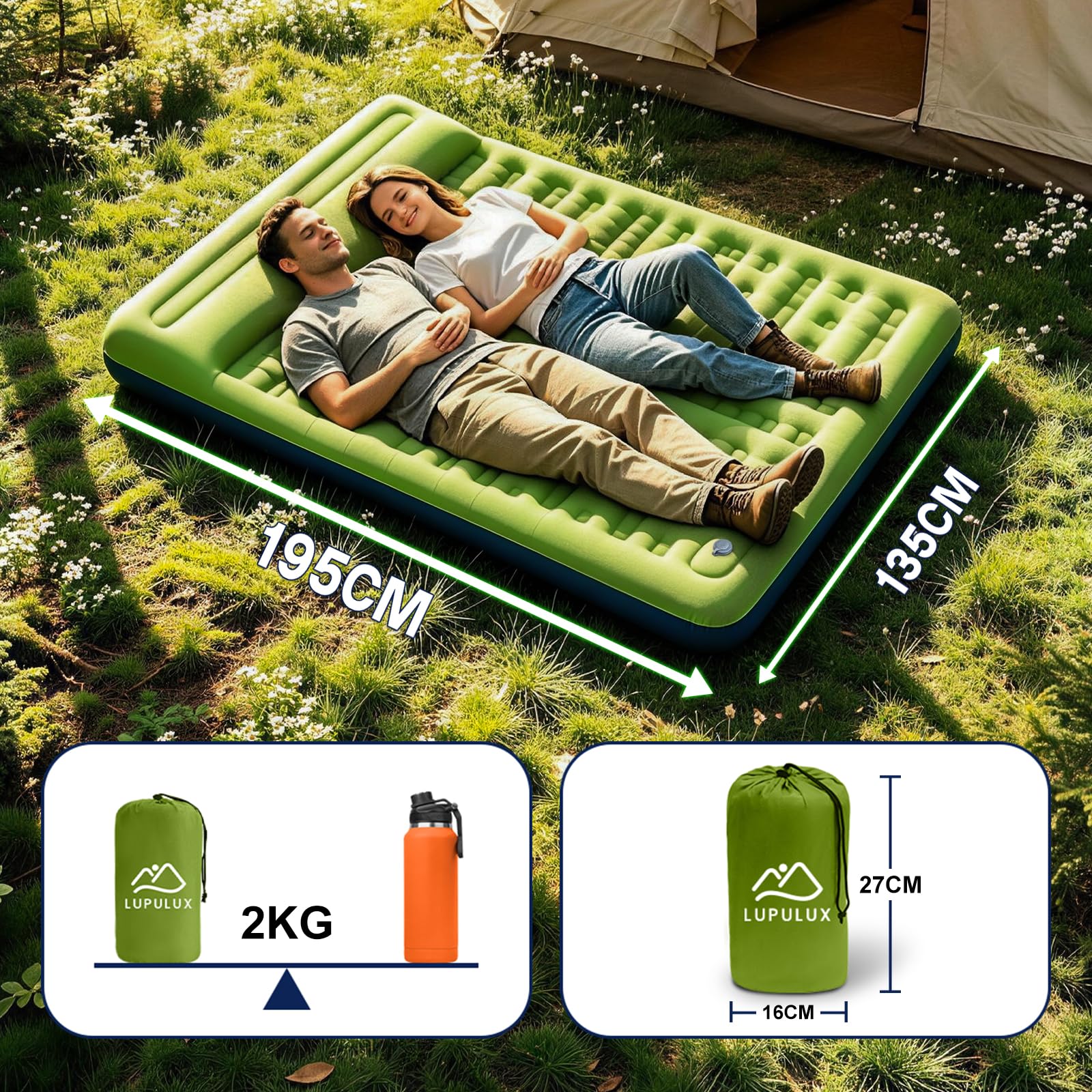 Matelas de Camping 2 Personnes 12 cm Autogonflant Ultra Léger avec Pompe à Pied et Oreiller Intégrés