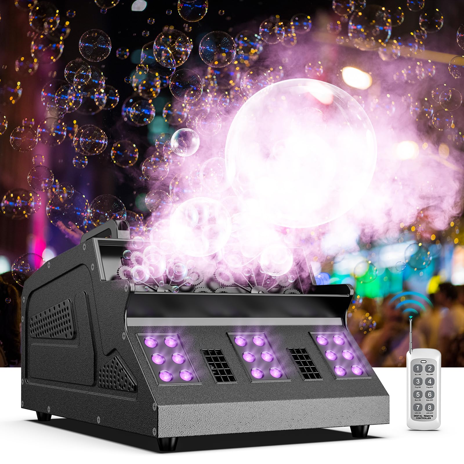 Machine à fumée avec bulles, Machine à bulles de savon 1500W avec 18 effets RGB 3 en 1, télécommande avec contrôle DMX, convient pour les fêtes, DJ, Halloween, Noël, mariage