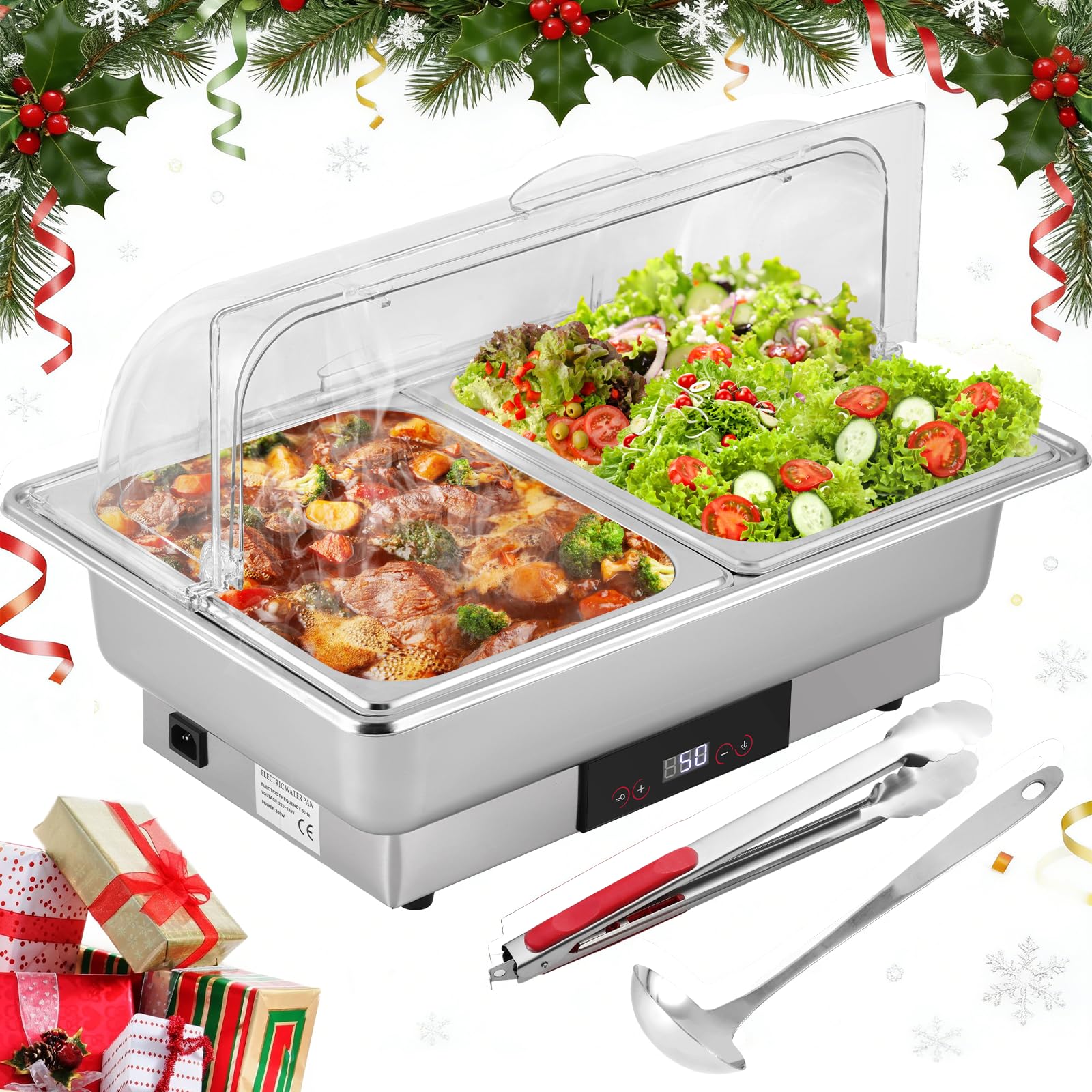 YUCHENGTECH Electric Chafing Dish Buffet Set 9L Stainless Steel Chafing Dishes and Food Warmers with Temperature Control and Clear Roll Lid for Catering Wedding Parties Restaurants Entertaining 220V