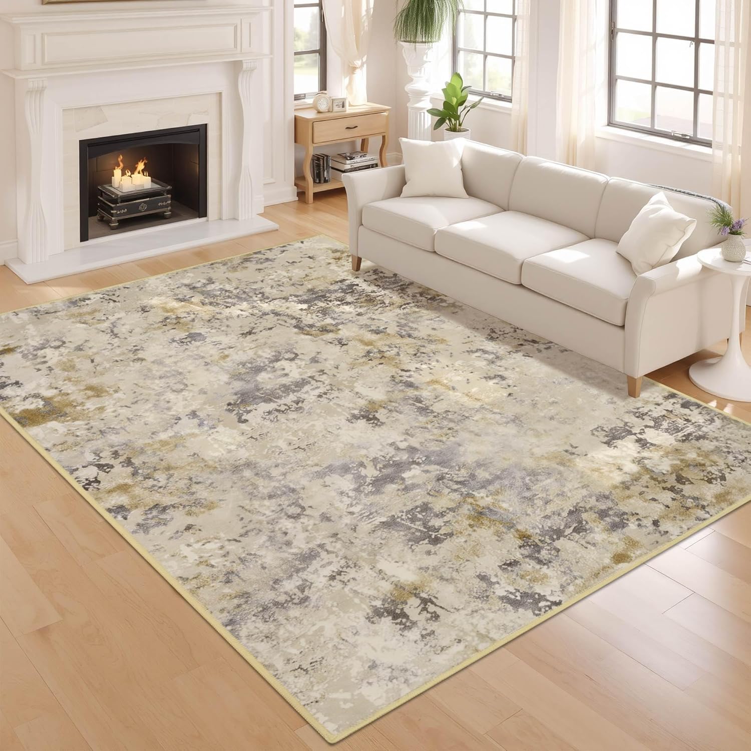 Living Room Rugs 6x9 Beige Washable Area Rug, Abstract Modern Bedroom Rugs Non Slip Stain Resistant Neutral Large Carpet for Nursery, Dining, Kids Playroom, Dining Room, Office Beige 6'x9'