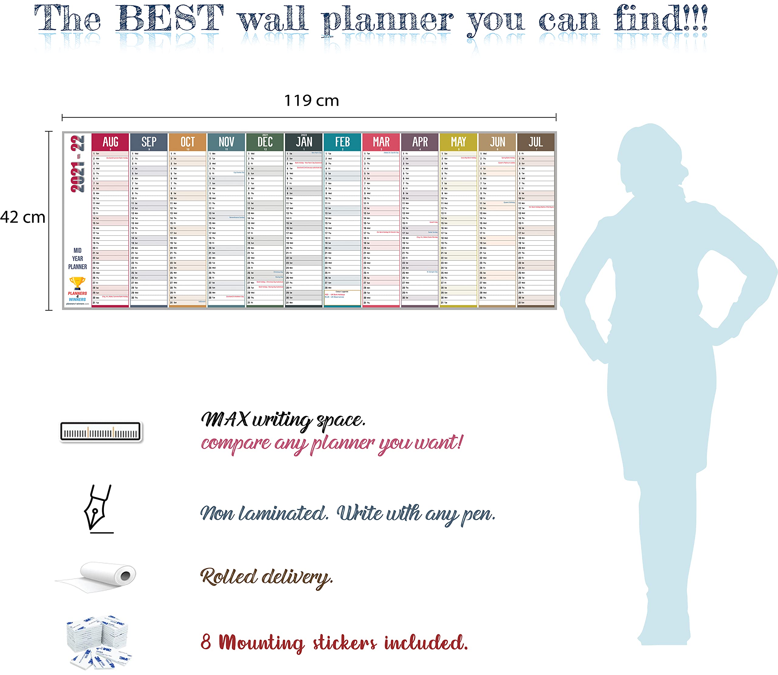 Mid Year / Academic Year Wall Planner 2021/2022 Extra Wide Size