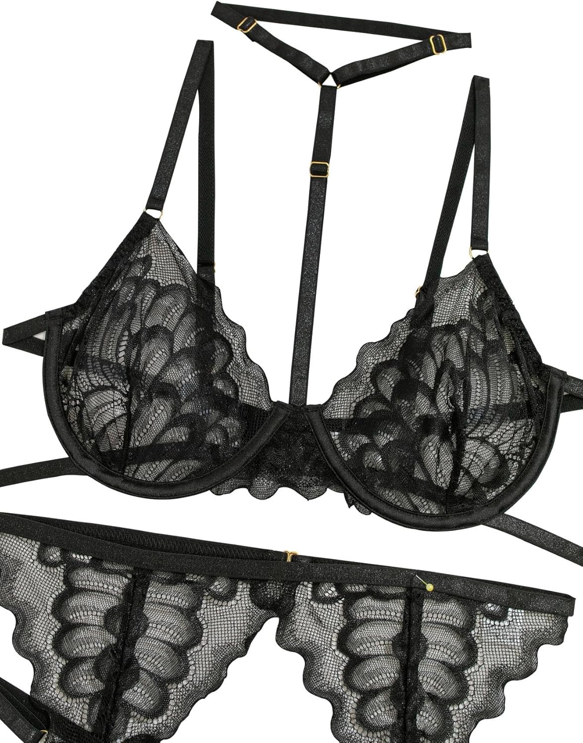 Lilosy Sexy Choker Floral Lace Scallop Sheer Underwire Push Up Garter Belt Lingerie Set 3 Piece - Image 5