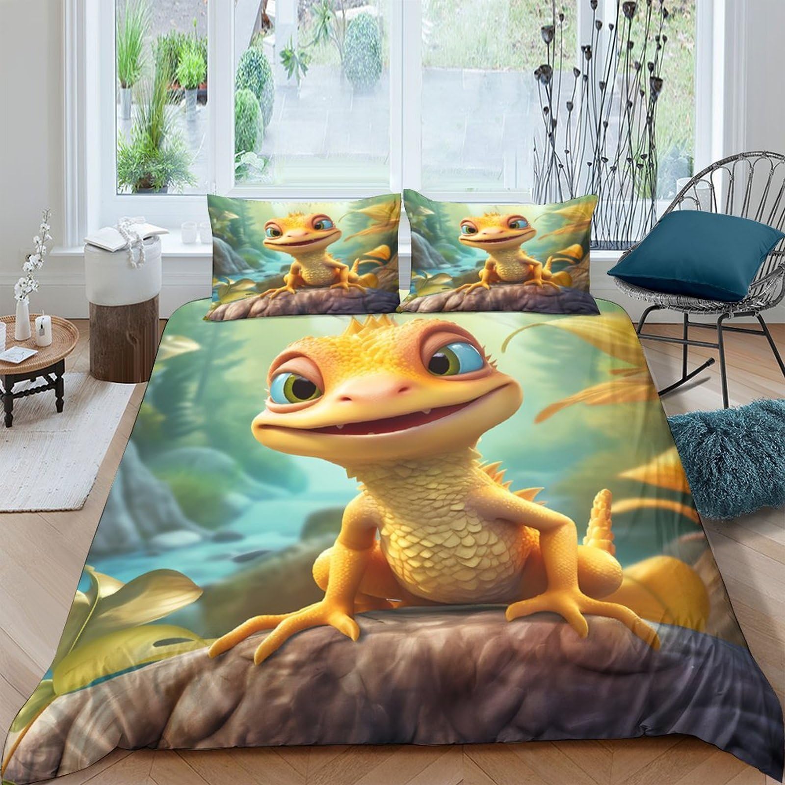 Ctjqhvkz Style-4 3D Printed Cartoon Gecko Fitted Sheet Microfiber Soft Breathable Jungle Leaves Mattress Cover For Bedroom Dorm Home Decor Single（135X200cm）