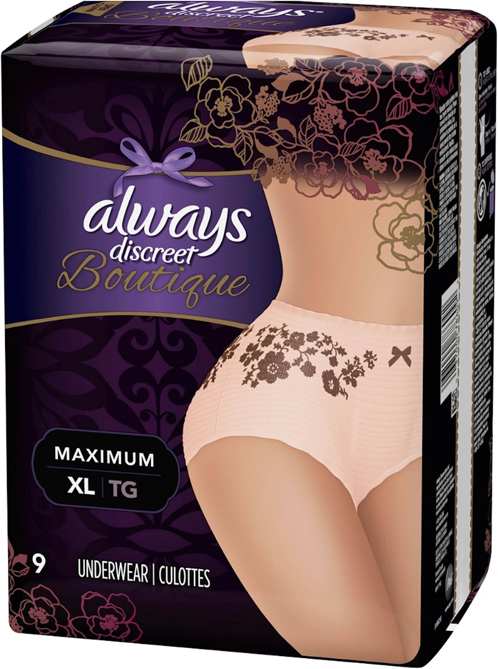 XL 9 Count (1 Package) Peach Always Discreet Boutique Incontinence Underwear, Maximum, Rose