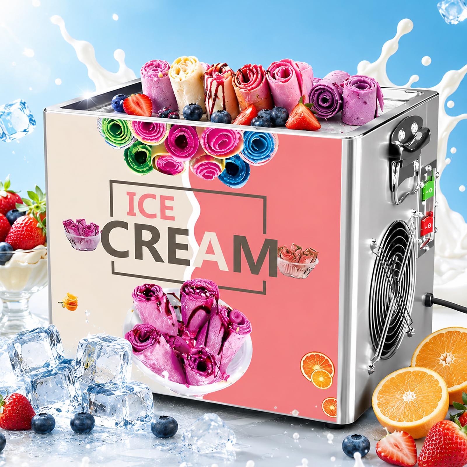 LYJIANGXIN Commercial Electric Rolled Ice Cream Machine 330W, Stainless Steel Ice Pan Single Square Compressor Ice Cream Maker, Frozen Yogurt Stir Fried Dessert Machine, for Café Shop