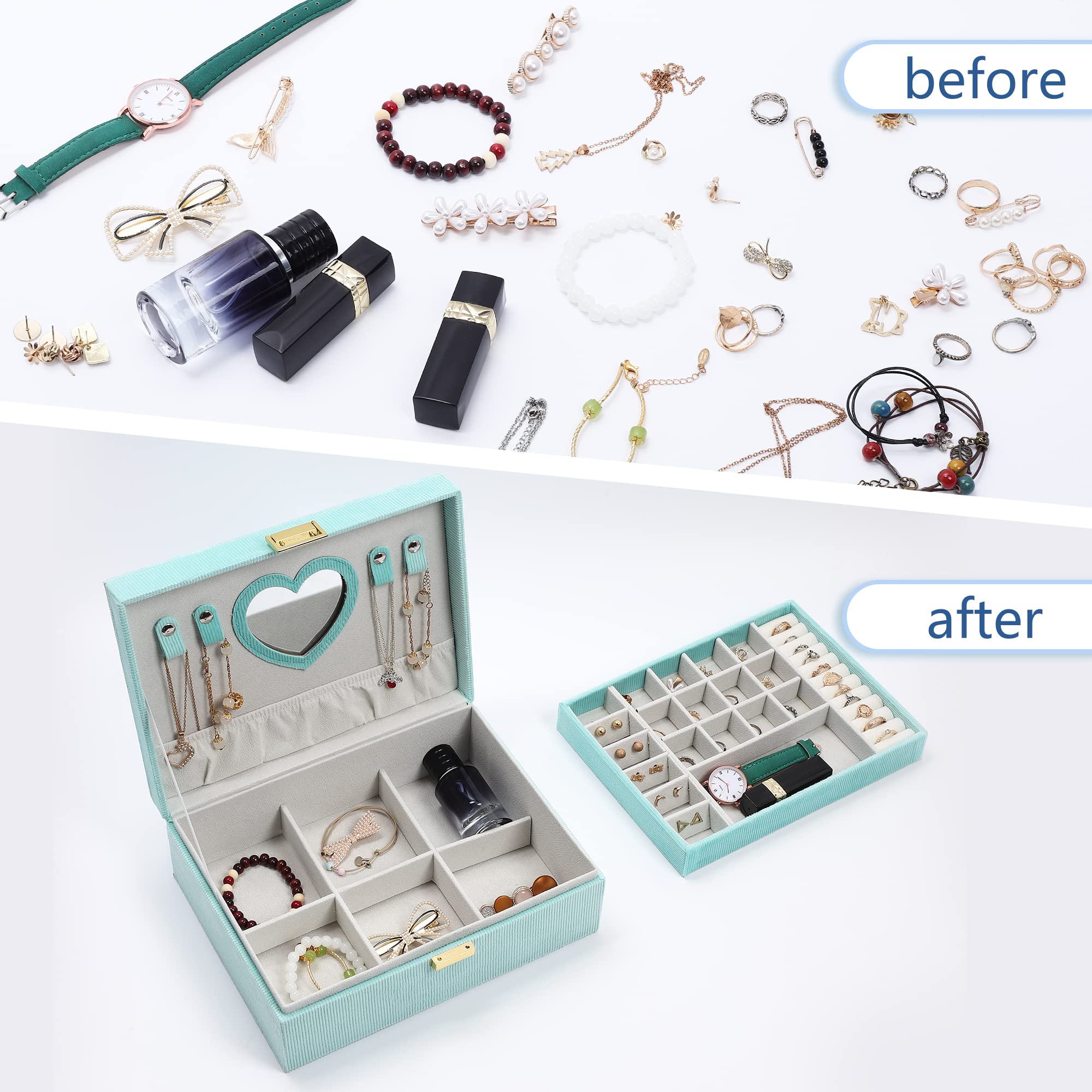 Joyero de terciopelo para mujeres y niñas, organizador de joyas, organizador de joyas grande de 2 capas para anillos, collares, pulseras, aretes de reloj (verde)