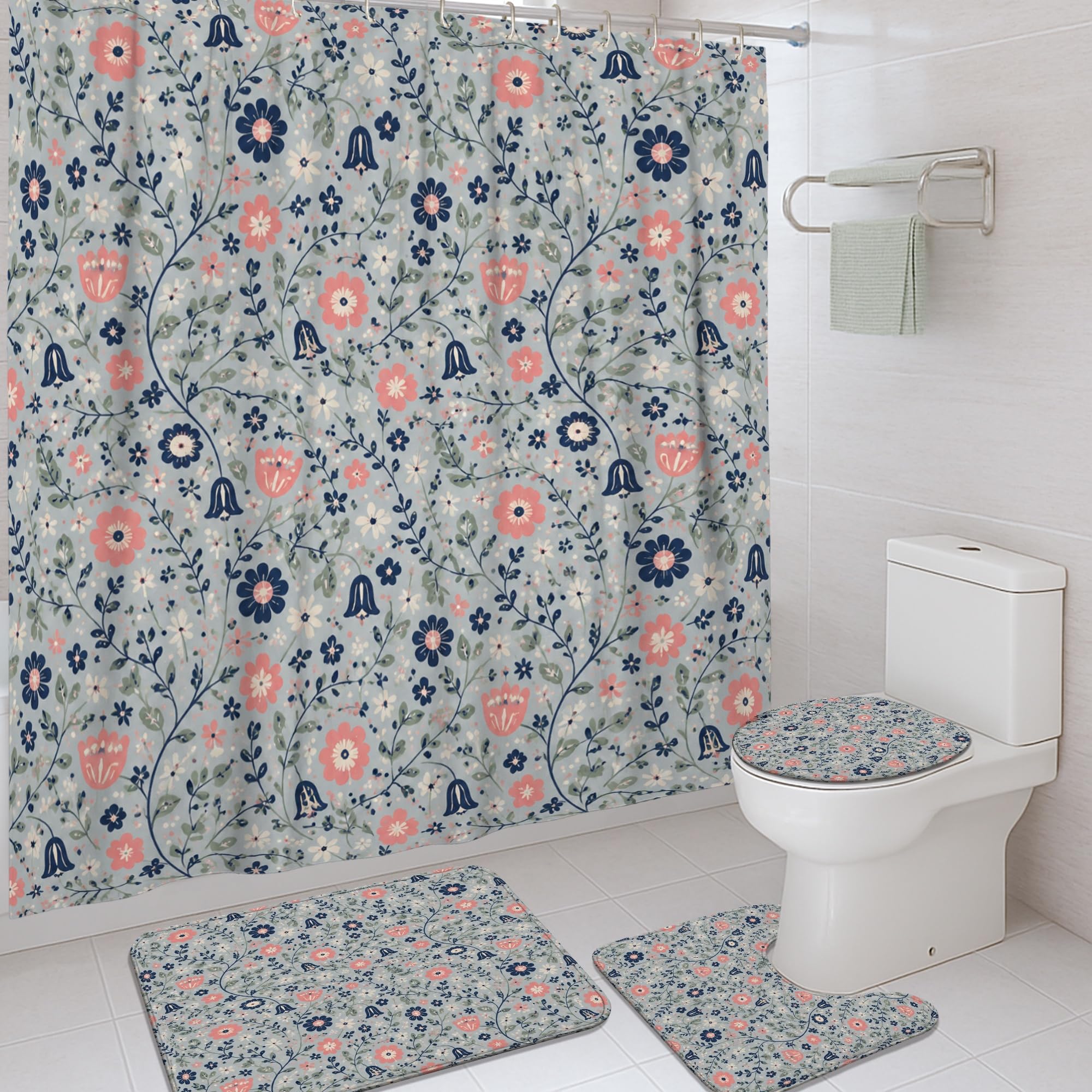 Rideau de douche motif floral bleu idéal pour dortoir et studio