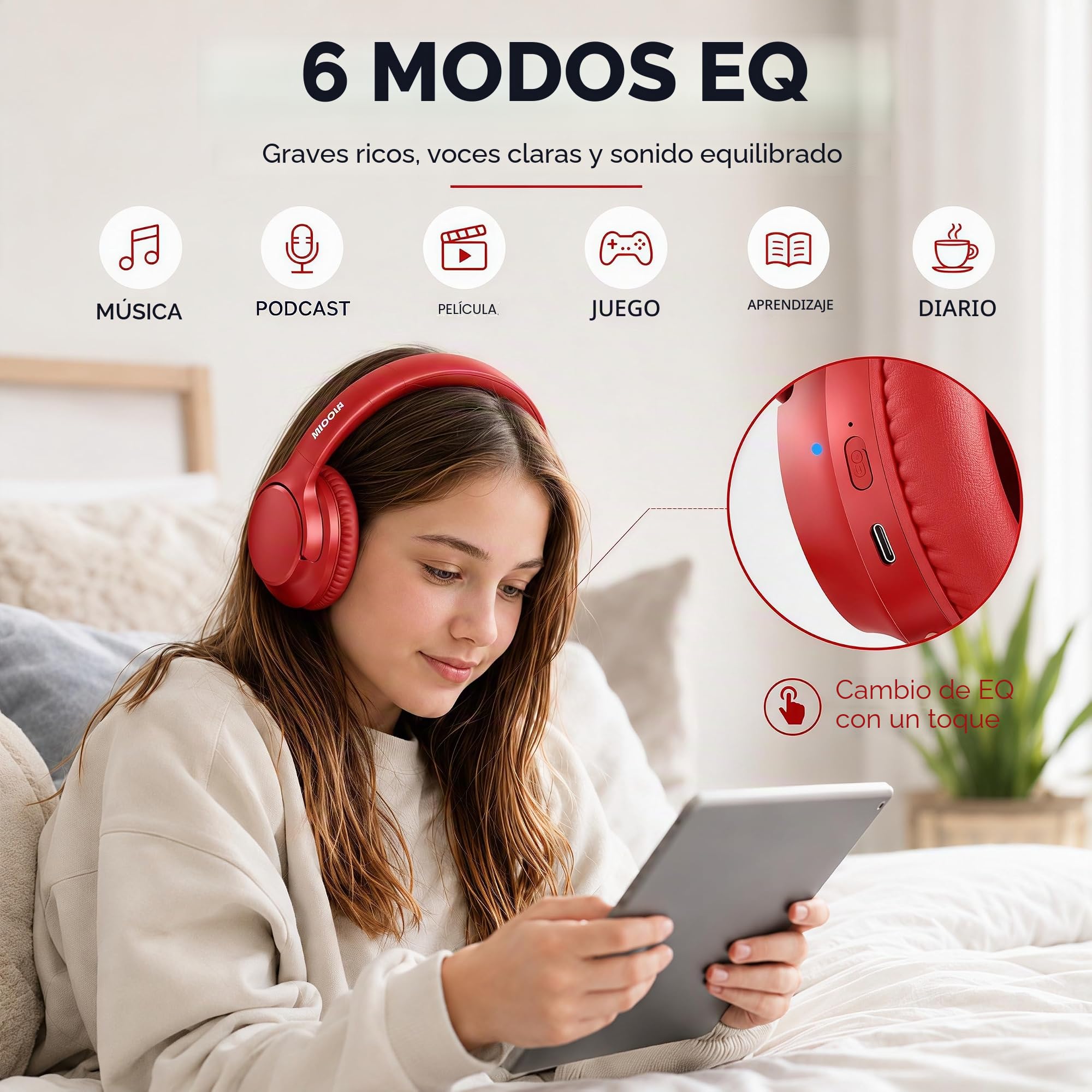 MIDOLA Auriculares Bluetooth sobre la oreja 68H Tiempo de reproducción 6 EQ Auriculares inalámbricos con micrófono HiFi Estéreo Plegable Ligero Deep Bass para Viajes Casa Oficina Teléfono Celular Rojo