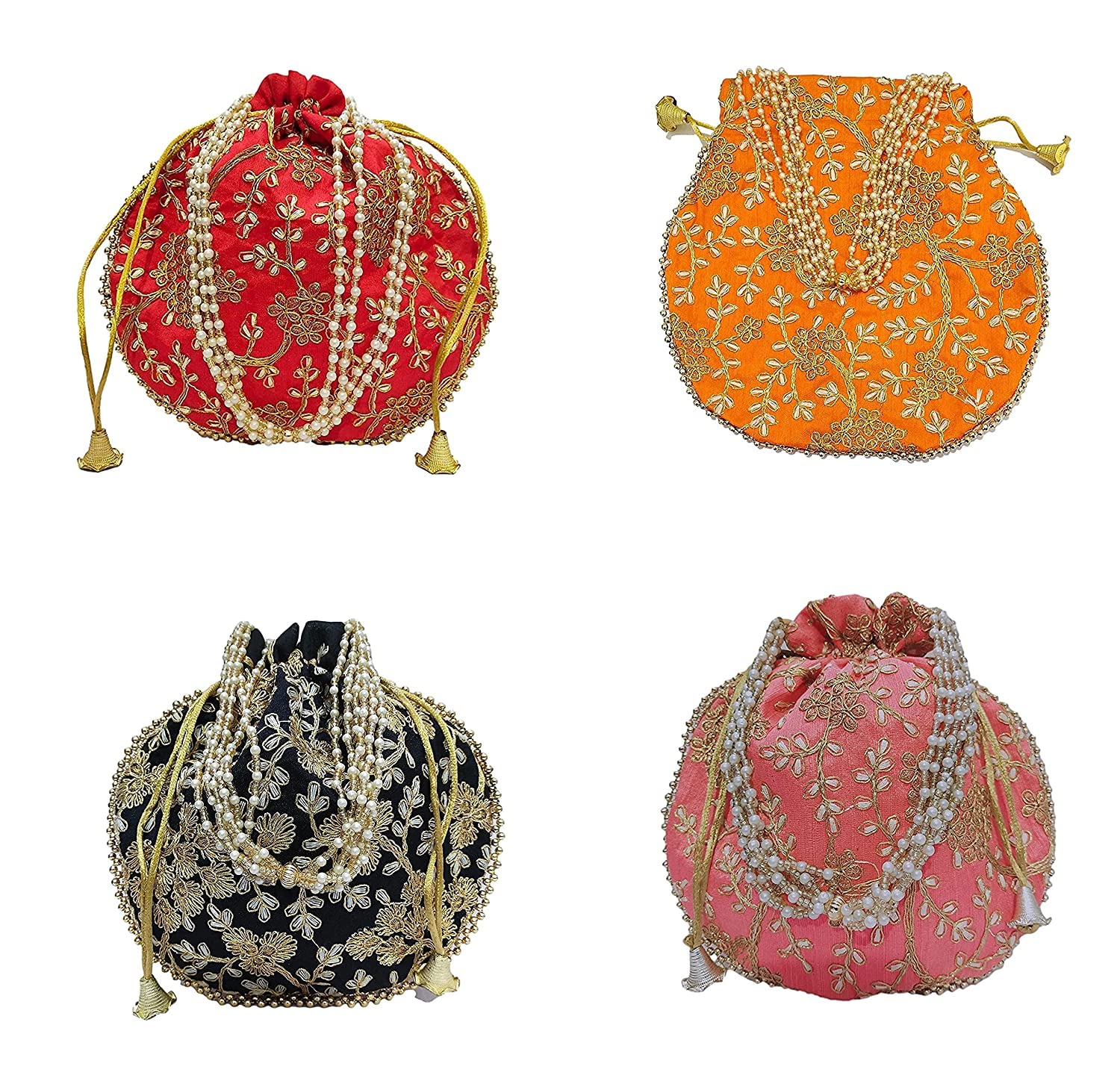 4 Pcs Potli bags (Red,Black,Orange,Pink Potli bags Combo) wedding return gift potli pouch for ladies-image-0
