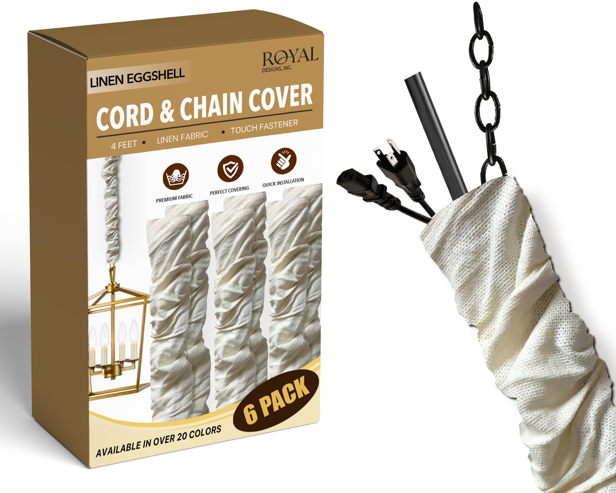 Royal Designs, Inc. Cord &amp; Chain Cover 4 ft Silk Type Fabric, Chandelier Pendant Lighting Chain &amp; Cable Management, Touch Fastener, Linen Eggshell - 6 Pack