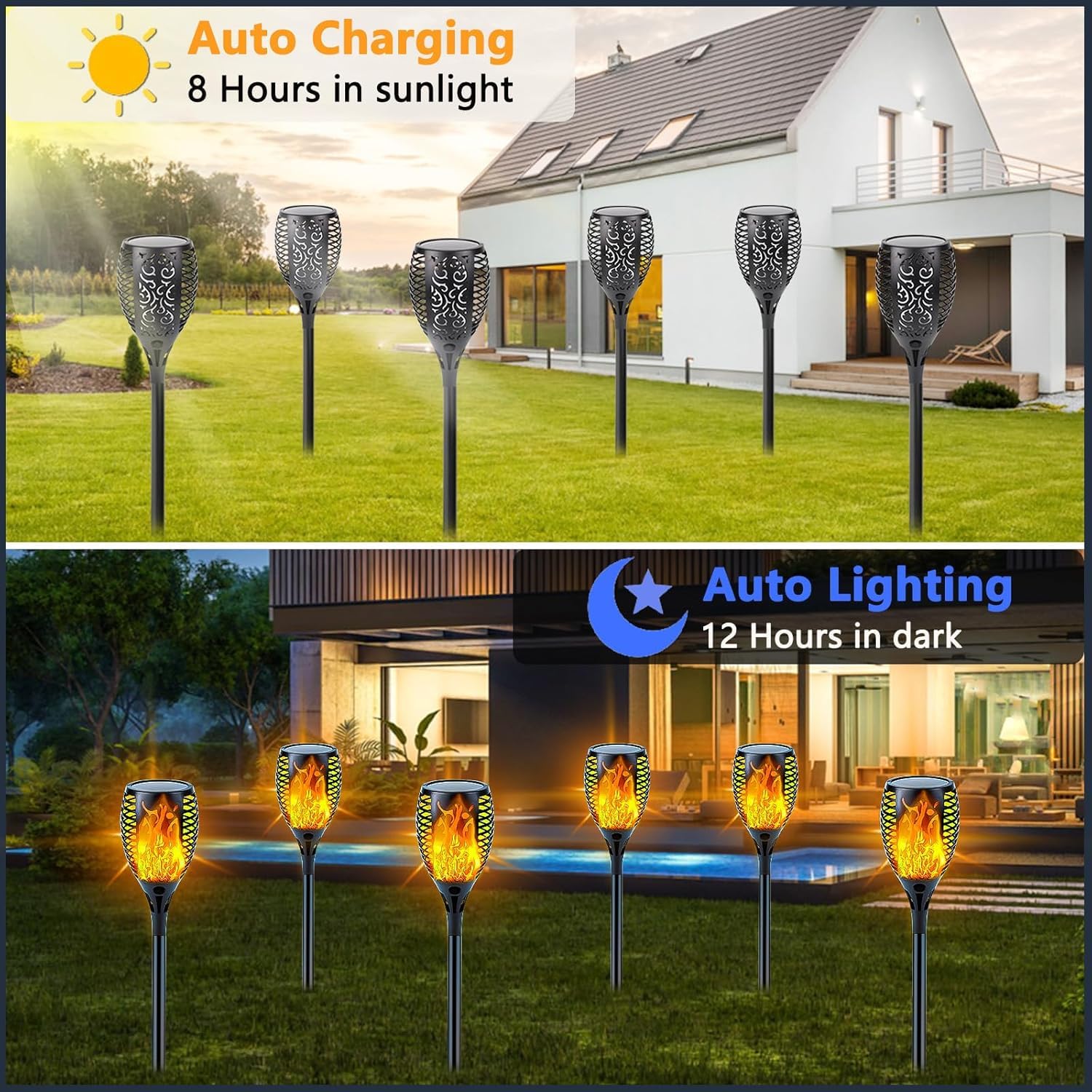 8er-Pack Solar-Taschenlampe mit flackernder Flamme, verbesserte Solar-Flammen-Fackel für Gartendekorationen, wasserdichte Solar-Außenleuchten für Landschaft, Party, Hof, Terrasse, Außendekoration,