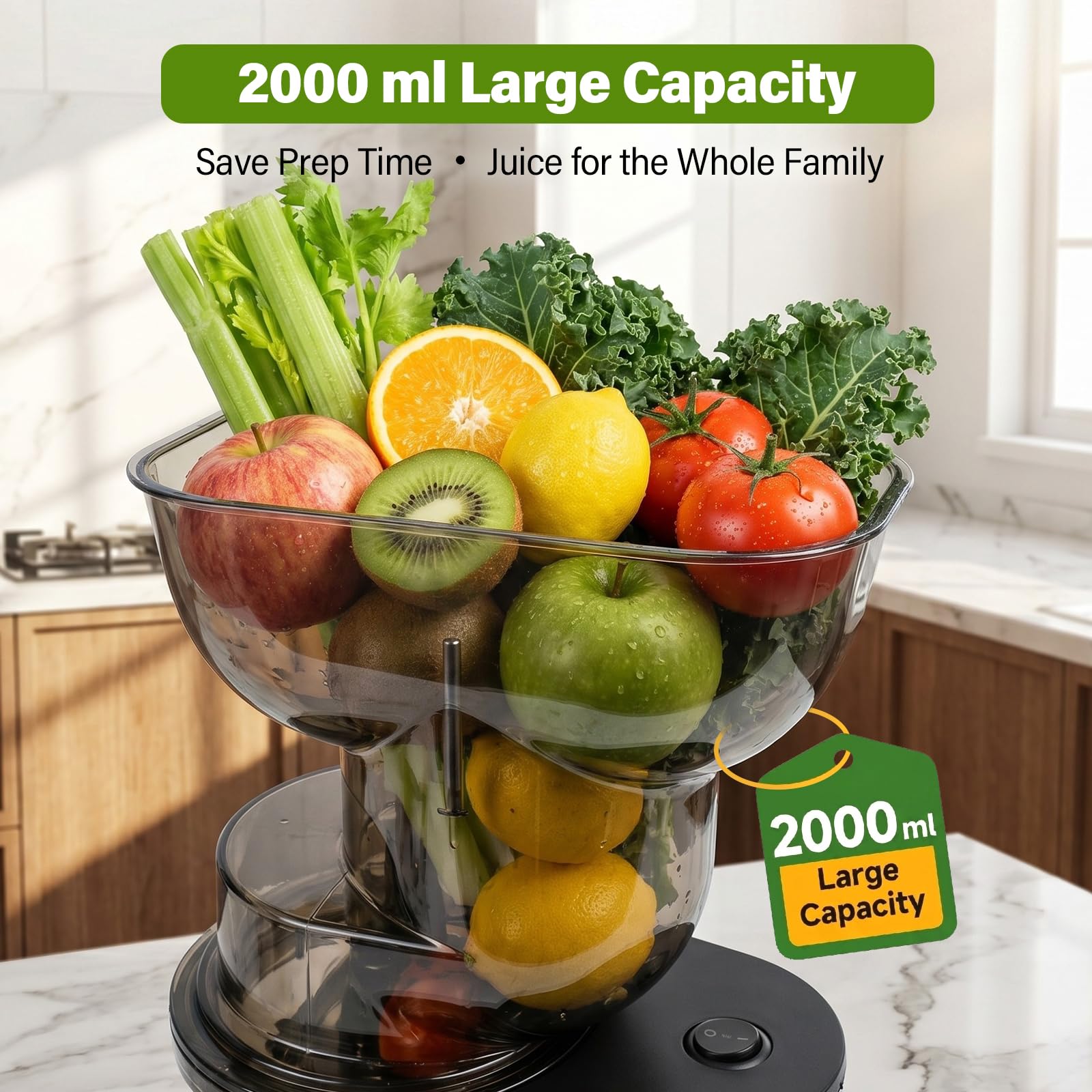 Slow Juicer 500W mit 170mm XXL Einfüllöffnung, Elektrischer Entsafter Kaltpress, BPA-frei, 3-Fach-Filtersystem, Leiser Obst- & Gemüseent­safter, Einfach zu Reinigen, Mit 2 Gläsern & Bürste