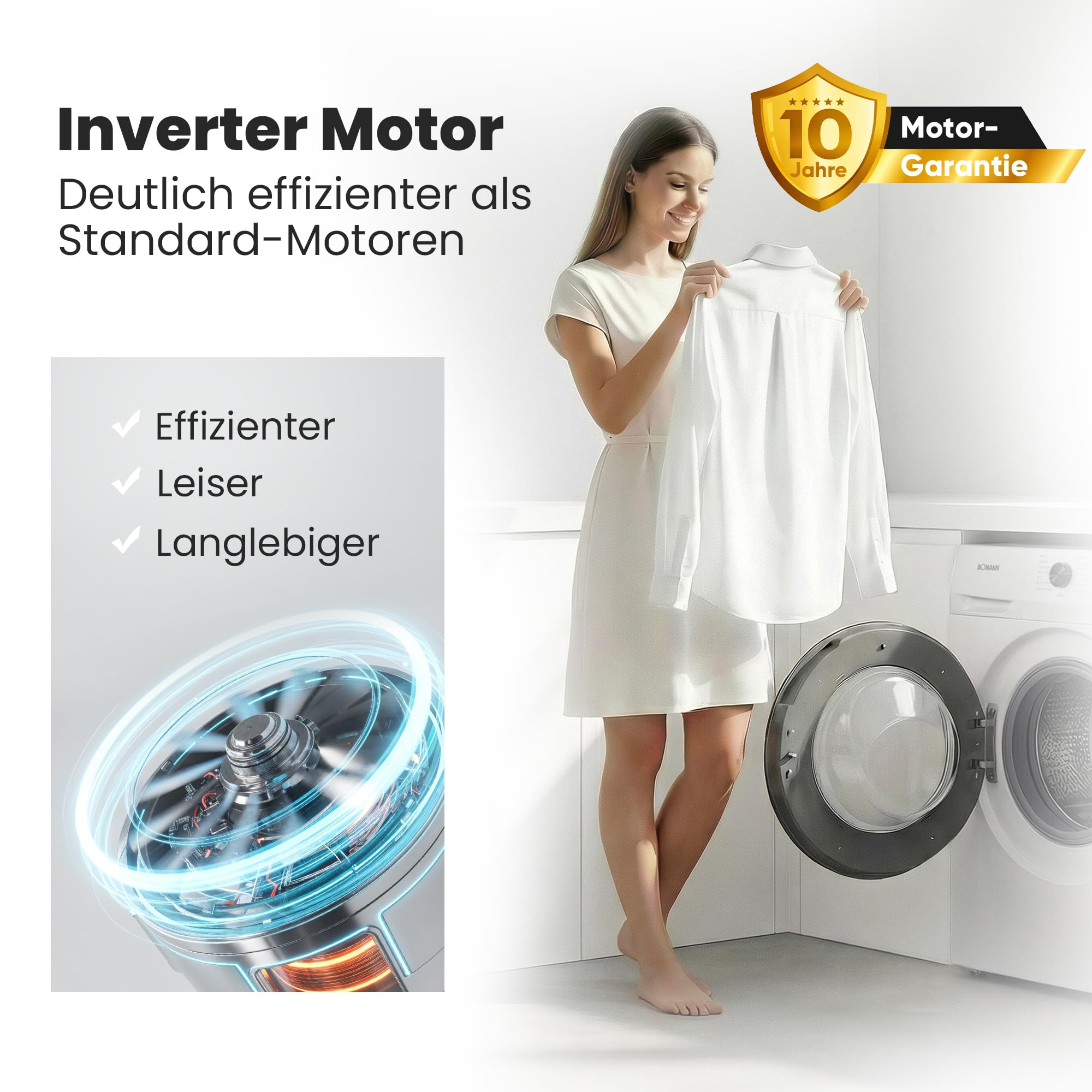 Bomann Waschmaschine 8kg 1400 U/min Invertermotor 15 Waschprogramme LED-Display Dampffunktion WA 7185.1