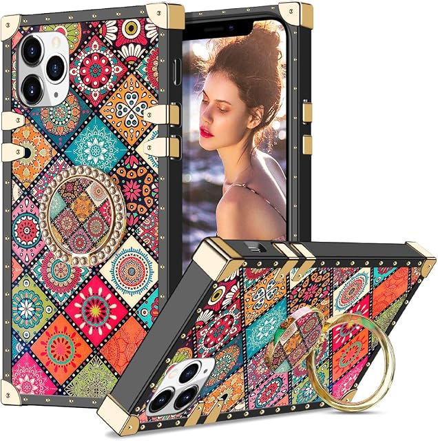 Coolden for iPhone 11 Pro Case with Ring Kickstand Shockproof Case Square Case for Women Girls Metal Decoration Corner Back Soft TPU Protective Phone Case Cover for iPhone 11 Pro (Sun Flower) 
