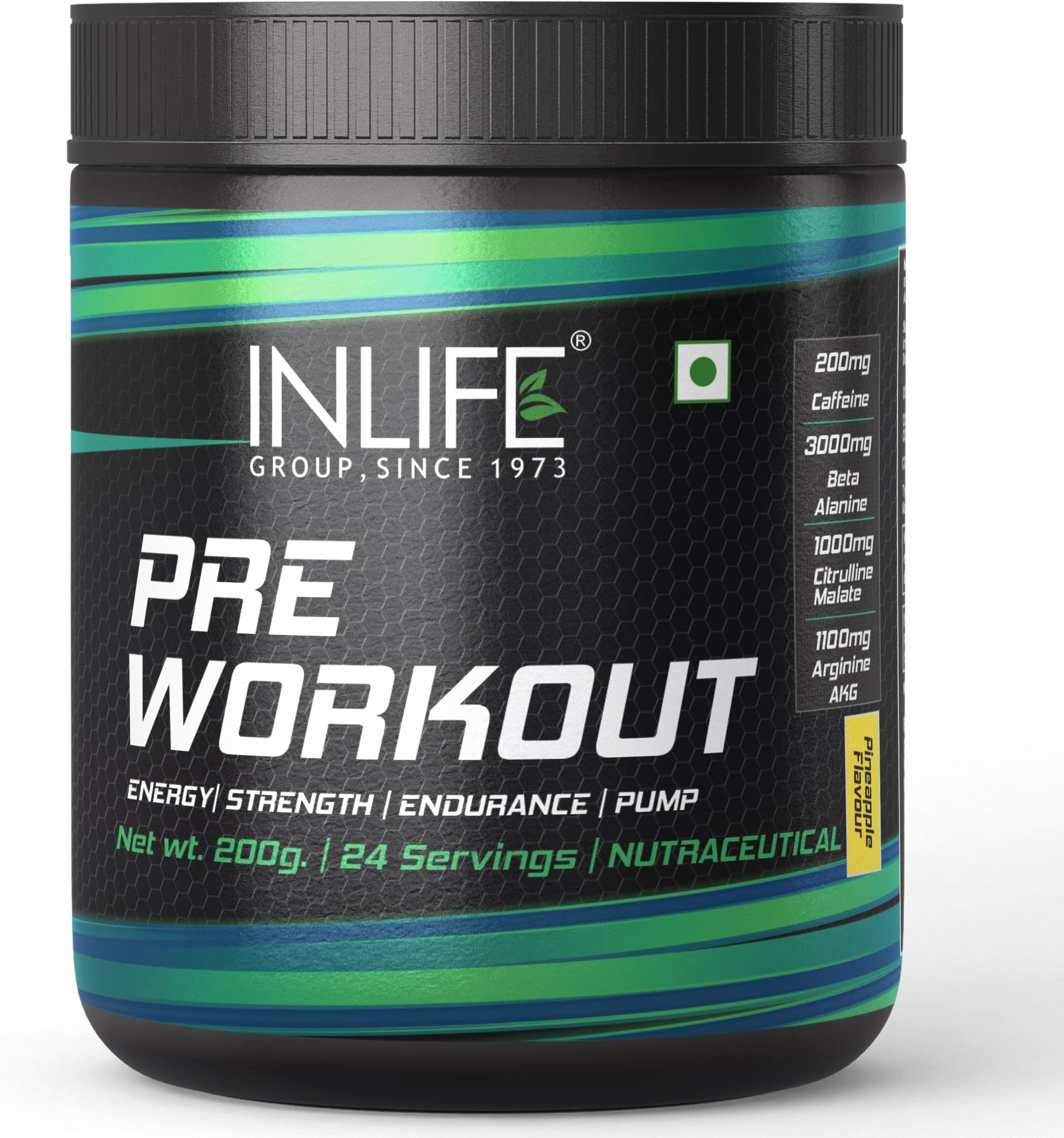 INLIFE Pre-Workout Supplement 200mg Caffeine,1000mg Citrulline,1100mg Arginine AAKG,3000mg B-Alanine,Creatine,Taurine, Betaine Anhydrous Pre Workout Formula Men & Women 200g, 24 Servings (Pineapple)