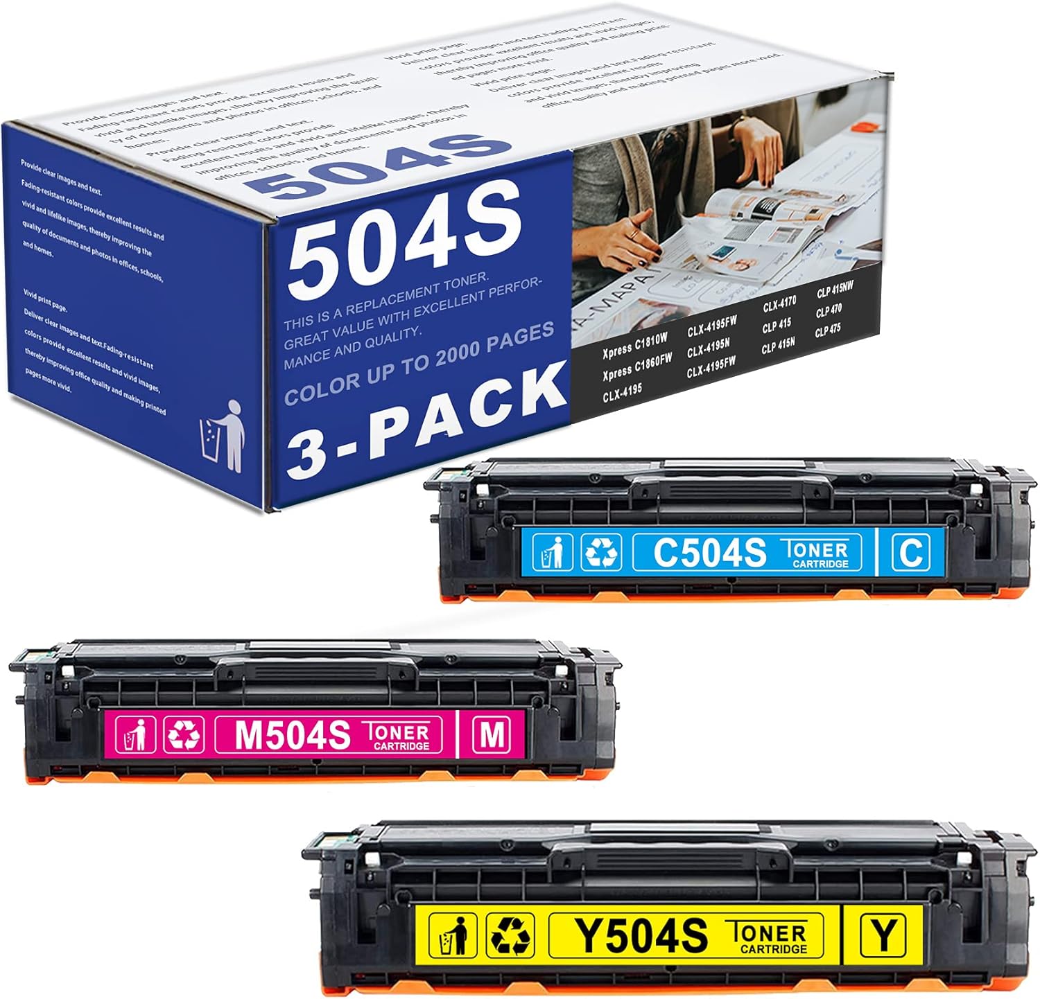 CLT-504S 504S Toner Cartridge Replacement for Samsung CLT-C504S M504S Y504S to Use with Xpress C1810W C1860FW CLX-4195 4195FW 4195FW 4170 4195N Printer Toner (3-Pack)