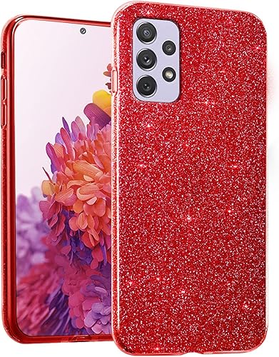 Funda compatible con Samsung A32 con purpurina a prueba de golpes, funda de silicona transparente azul de tres capas de TPU desmontable y PC delgada