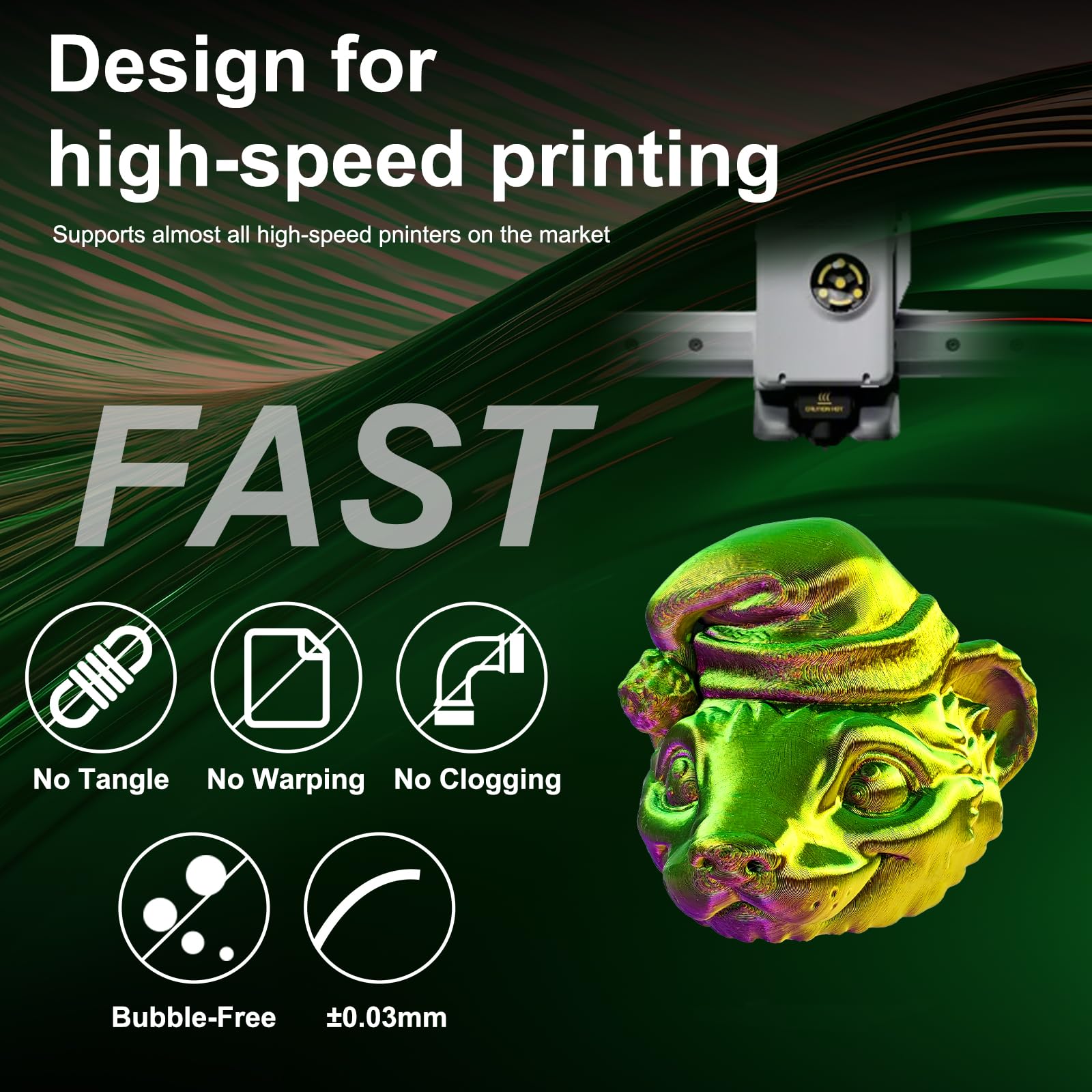 Filamento PLA in seta tricolore ERYONE 1,75 mm, filamento per stampante 3D PLA +/-0,03 mm 1 kg/bobina, seta oro verde viola