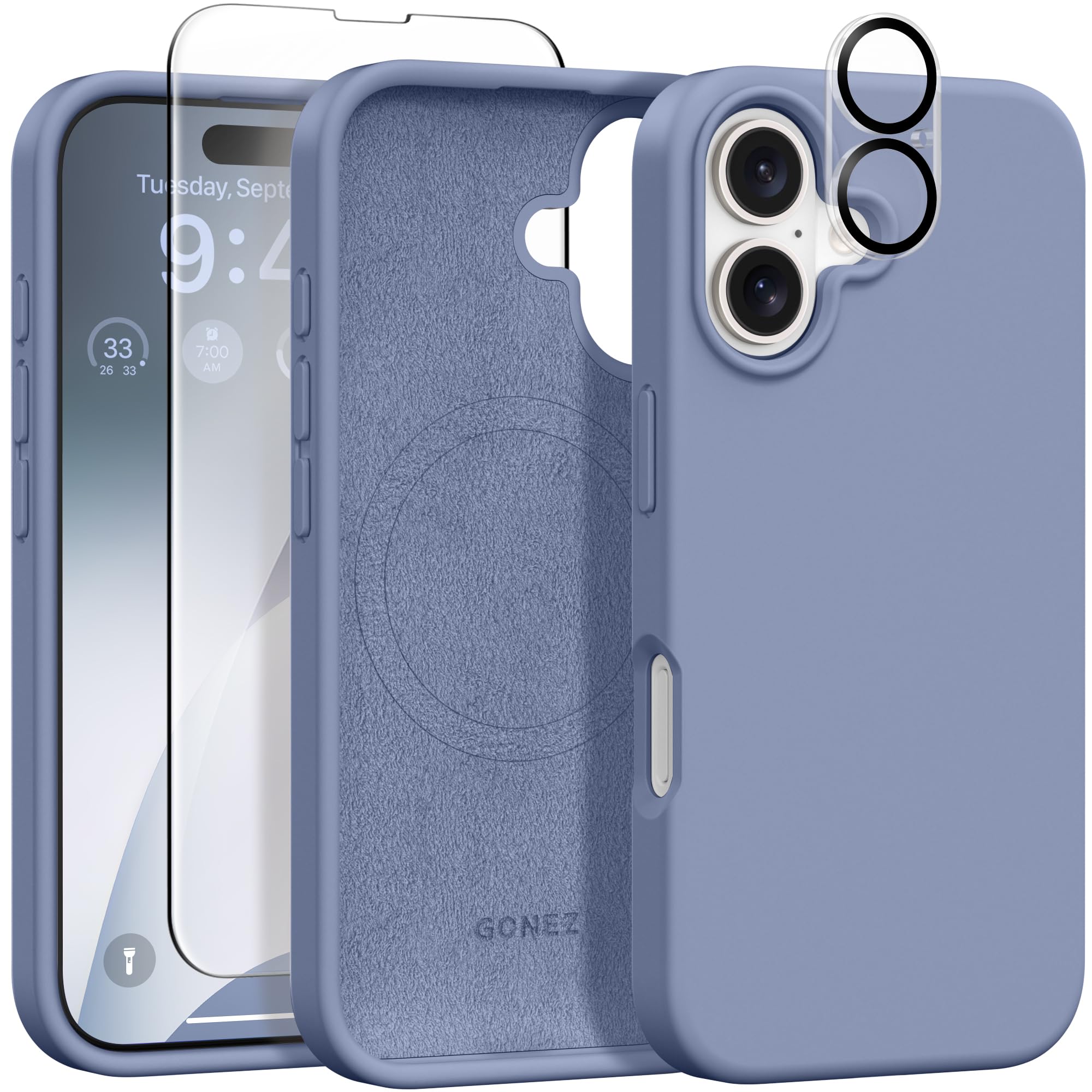 GONEZ Magnetic for iPhone 16 Case, Compatible with MagSafe, [Screen Protector + Camera Lens Protector], Silicone Shockproof Anti-Scratch Protective Phone Case 6.1 inch, Lavender Gray